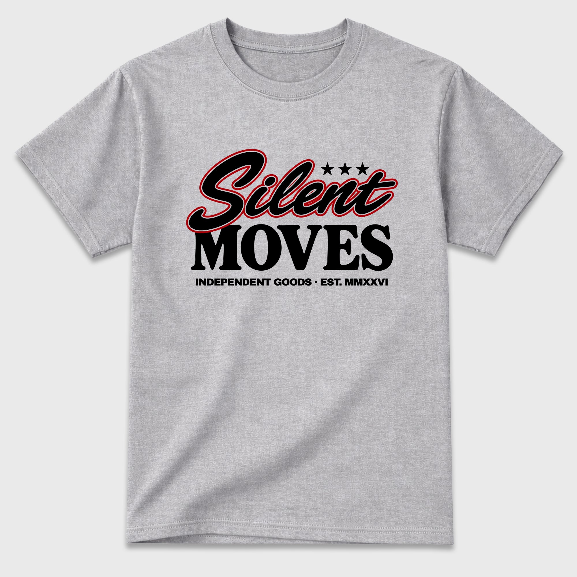 Silent Moves Graphic T-Shirt featuring original streetwear artwork designed to match the Air Jordan 9 True Red. Heather Grey 2 Graphic T-Shirt.