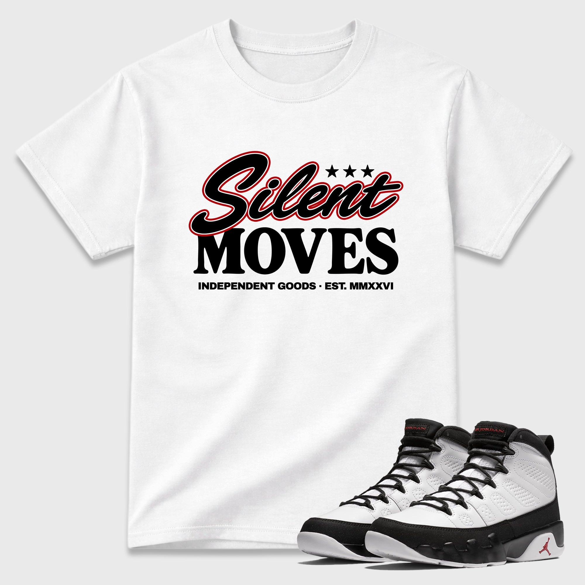 Silent Moves Graphic T-Shirt featuring original streetwear artwork designed to match the Air Jordan 9 True Red. White 1 Graphic T-Shirt.