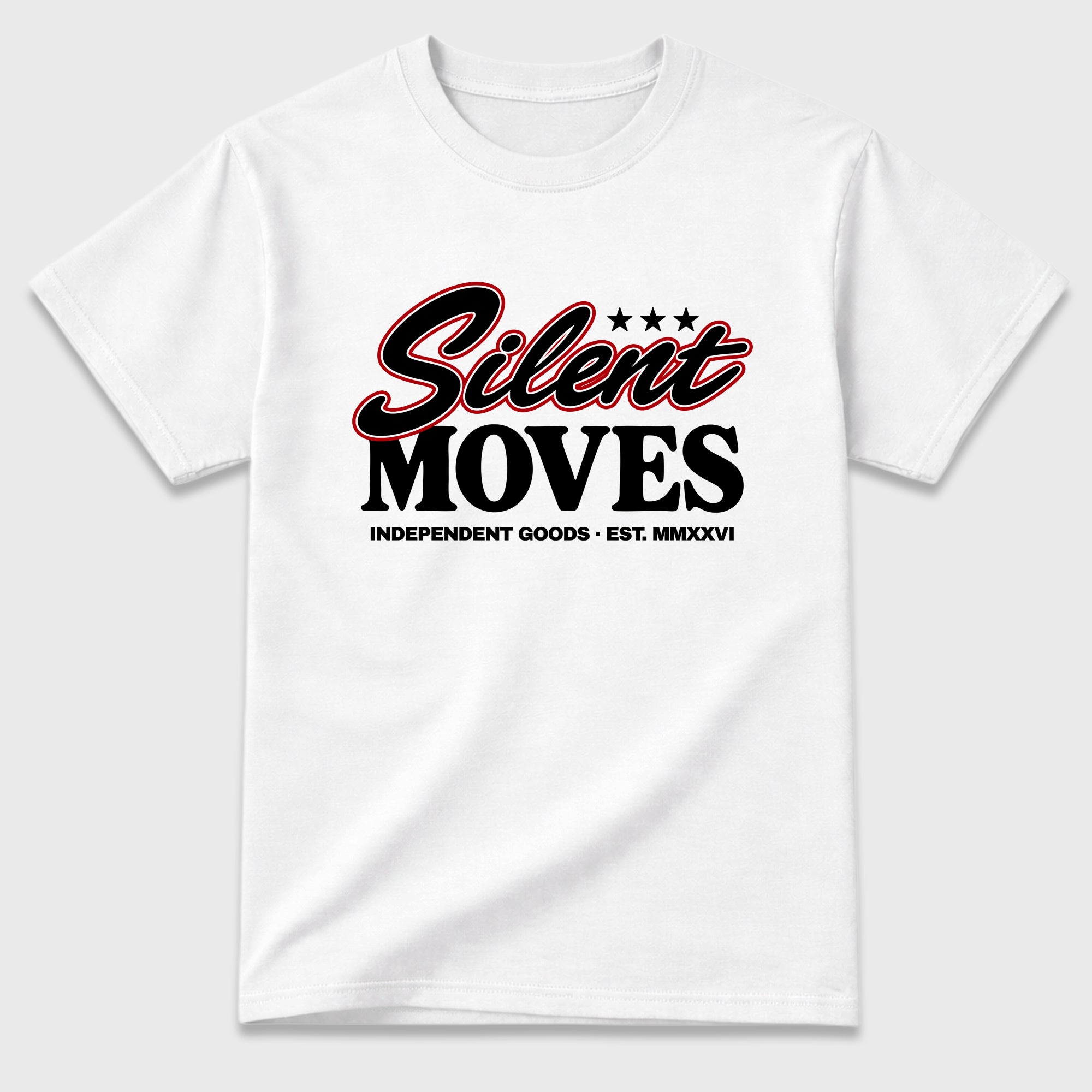 Silent Moves Graphic T-Shirt featuring original streetwear artwork designed to match the Air Jordan 9 True Red. White 2 Graphic T-Shirt.