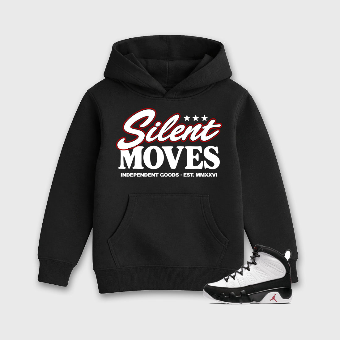 Silent Moves Baby & Kids Graphic Hoodie featuring original artwork designed to match the Air Jordan 9 True Red. Black 1 Kids Graphic Sweater.