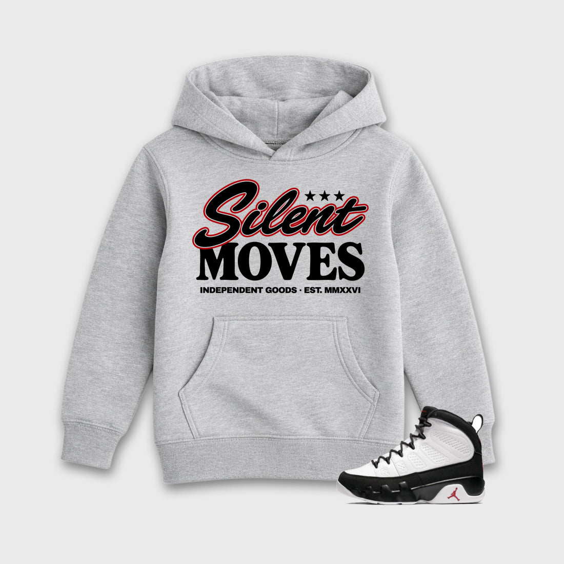 Silent Moves Baby & Kids Graphic Hoodie featuring original artwork designed to match the Air Jordan 9 True Red. Heather Grey 1 Kids Graphic Sweater.