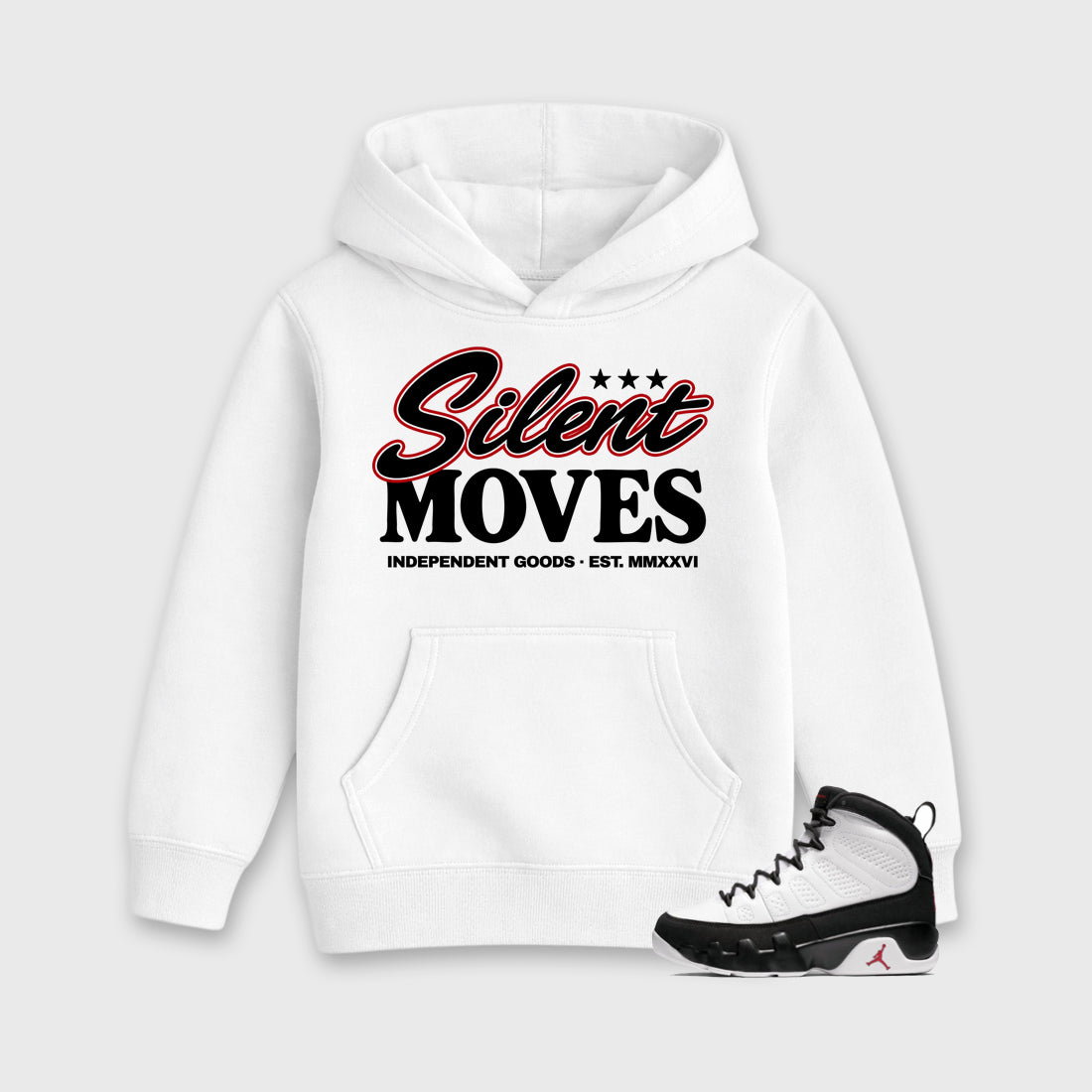 Silent Moves Baby & Kids Graphic Hoodie featuring original artwork designed to match the Air Jordan 9 True Red. White 1 Kids Graphic Sweater.