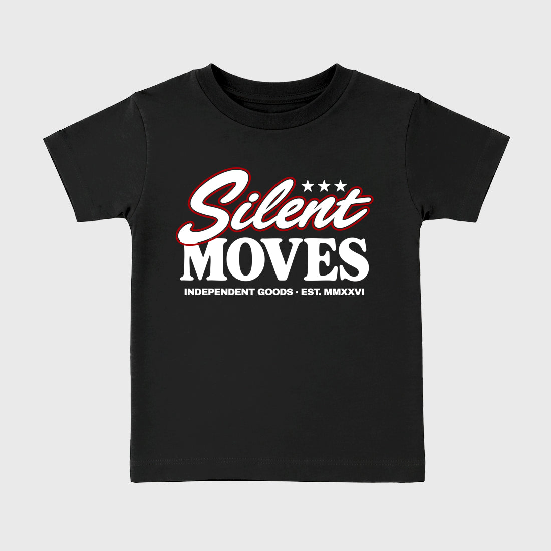 Silent Moves Baby & Kids Graphic T-Shirt featuring original artwork designed to match the Air Jordan 9 True Red. Black 2 Kids Graphic Tee.