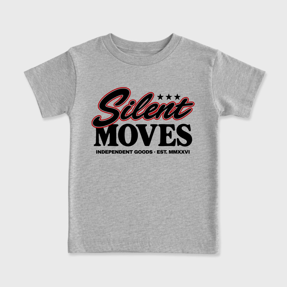 Silent Moves Baby & Kids Graphic T-Shirt featuring original artwork designed to match the Air Jordan 9 True Red. Heather Grey 2 Kids Graphic Tee.