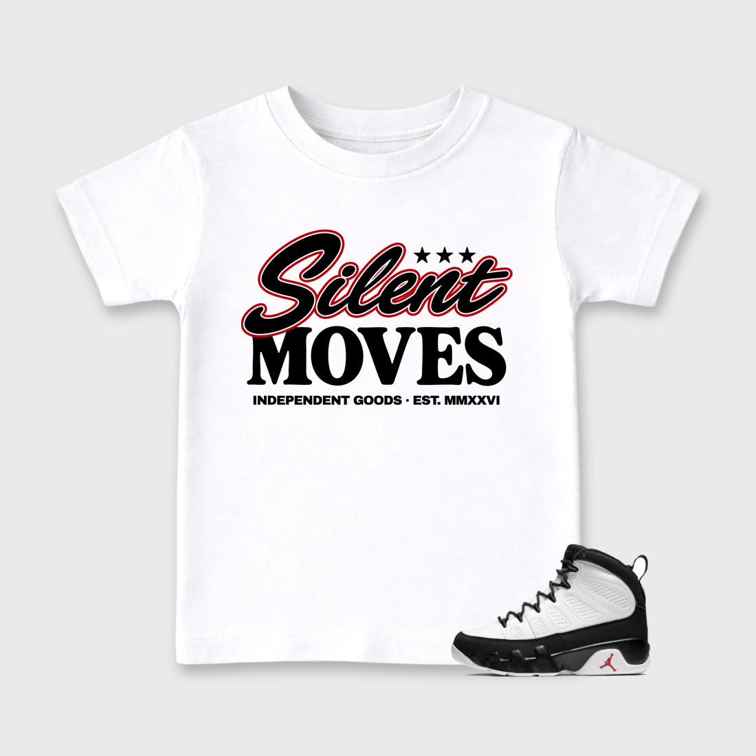 Silent Moves Baby & Kids Graphic T-Shirt featuring original artwork designed to match the Air Jordan 9 True Red. White 1 Kids Graphic Tee.
