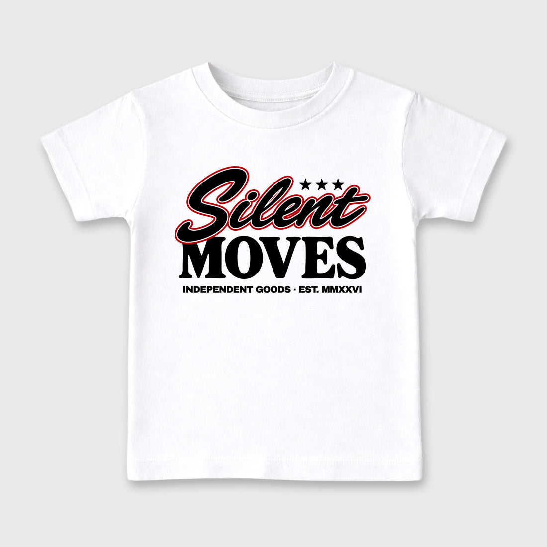 Silent Moves Baby & Kids Graphic T-Shirt featuring original artwork designed to match the Air Jordan 9 True Red. White 2 Kids Graphic Tee.