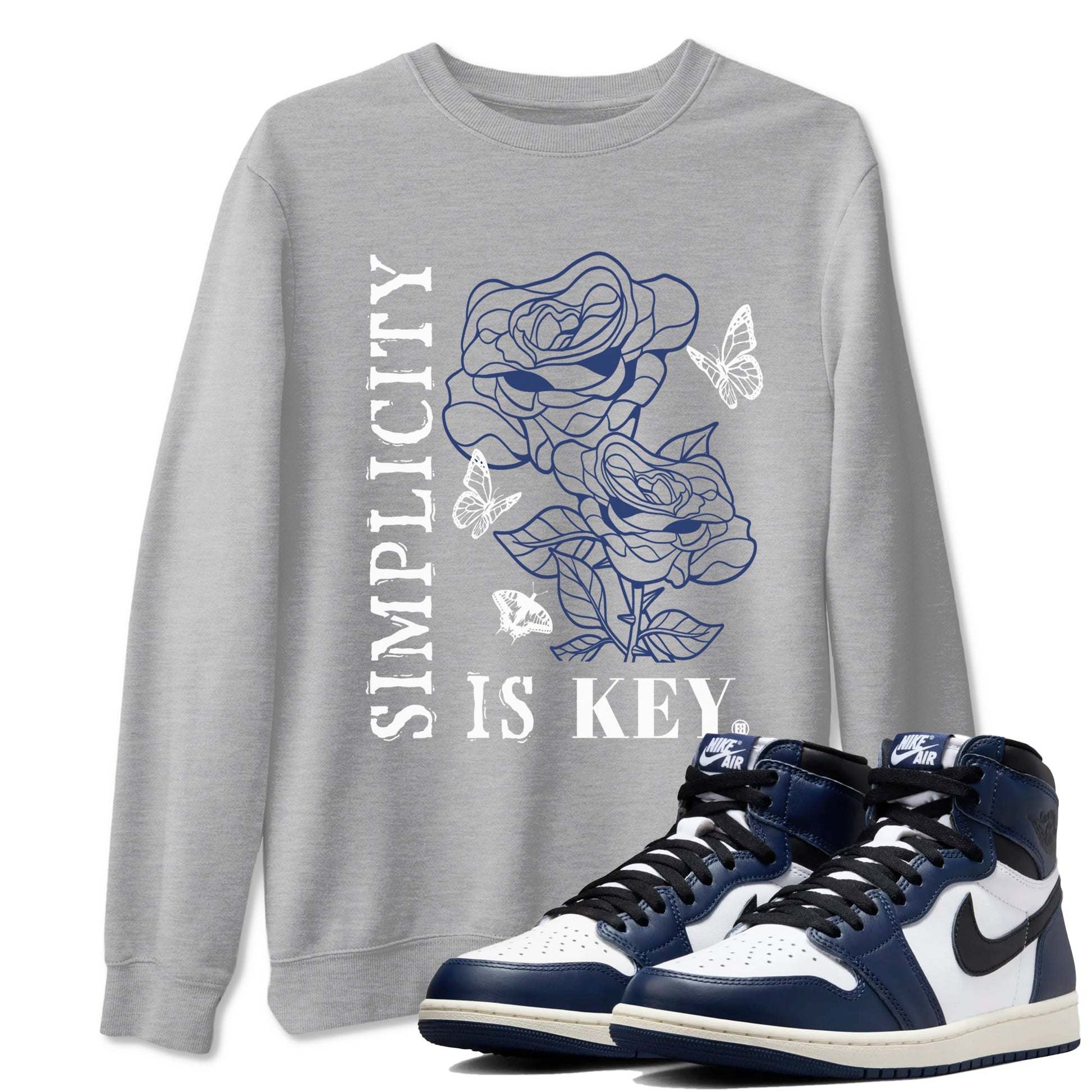 1s Midnight Navy shirts to match jordans Simplicity Is Key sneaker match tees Air Jordan 1 Midnight Navy match shoes to clothes SNRT Sneaker Tees unisex cotton Heather Grey 1 shirts