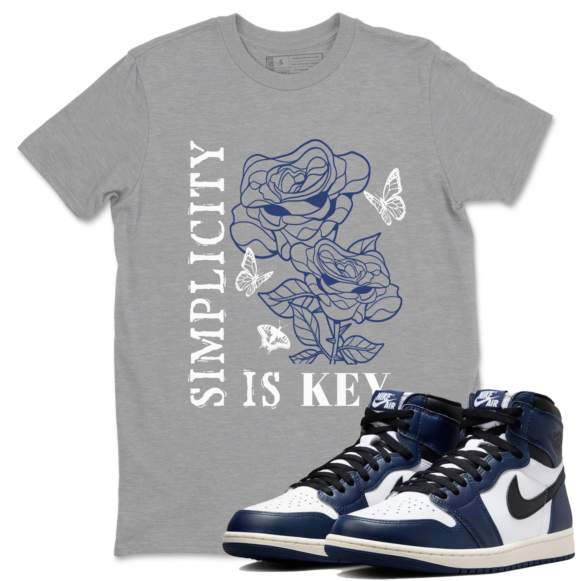 1s Midnight Navy shirts to match jordans Simplicity Is Key sneaker match tees Air Jordan 1 Midnight Navy match shoes to clothes SNRT Sneaker Tees unisex cotton Heather Grey 1 shirts