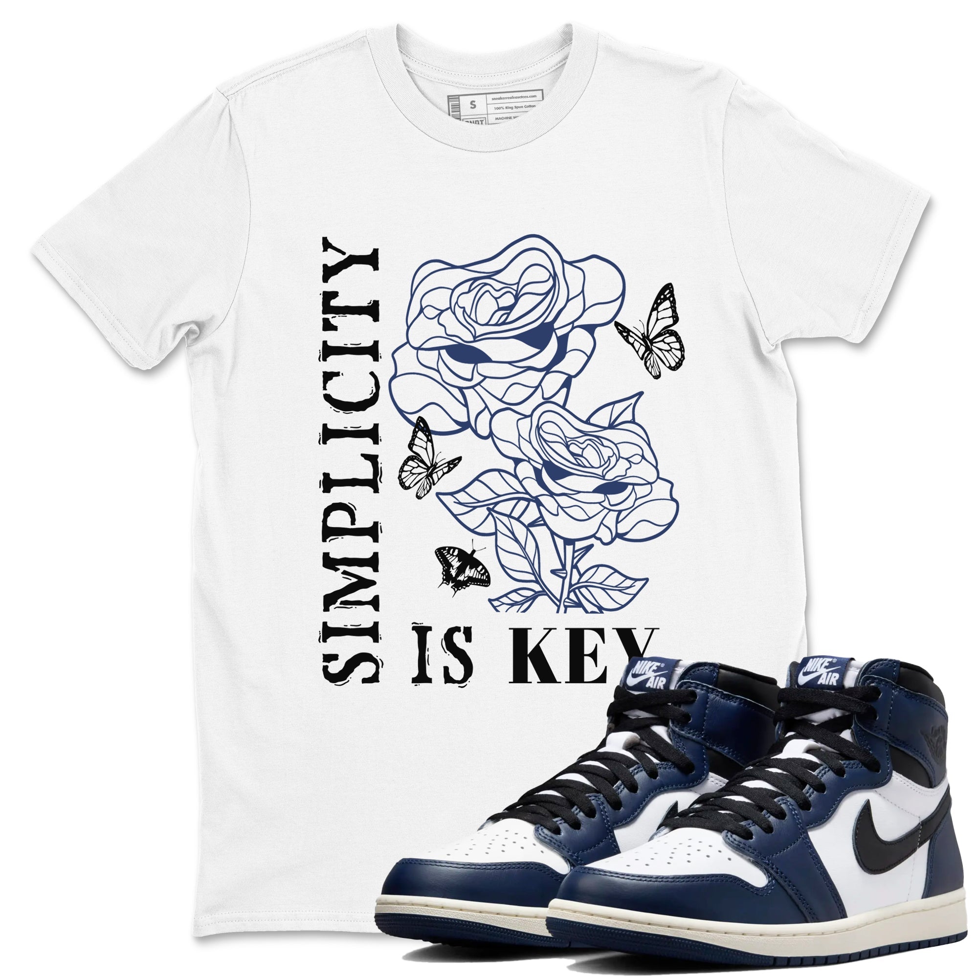 1s Midnight Navy shirts to match jordans Simplicity Is Key sneaker match tees Air Jordan 1 Midnight Navy match shoes to clothes SNRT Sneaker Tees unisex cotton White 1 shirts