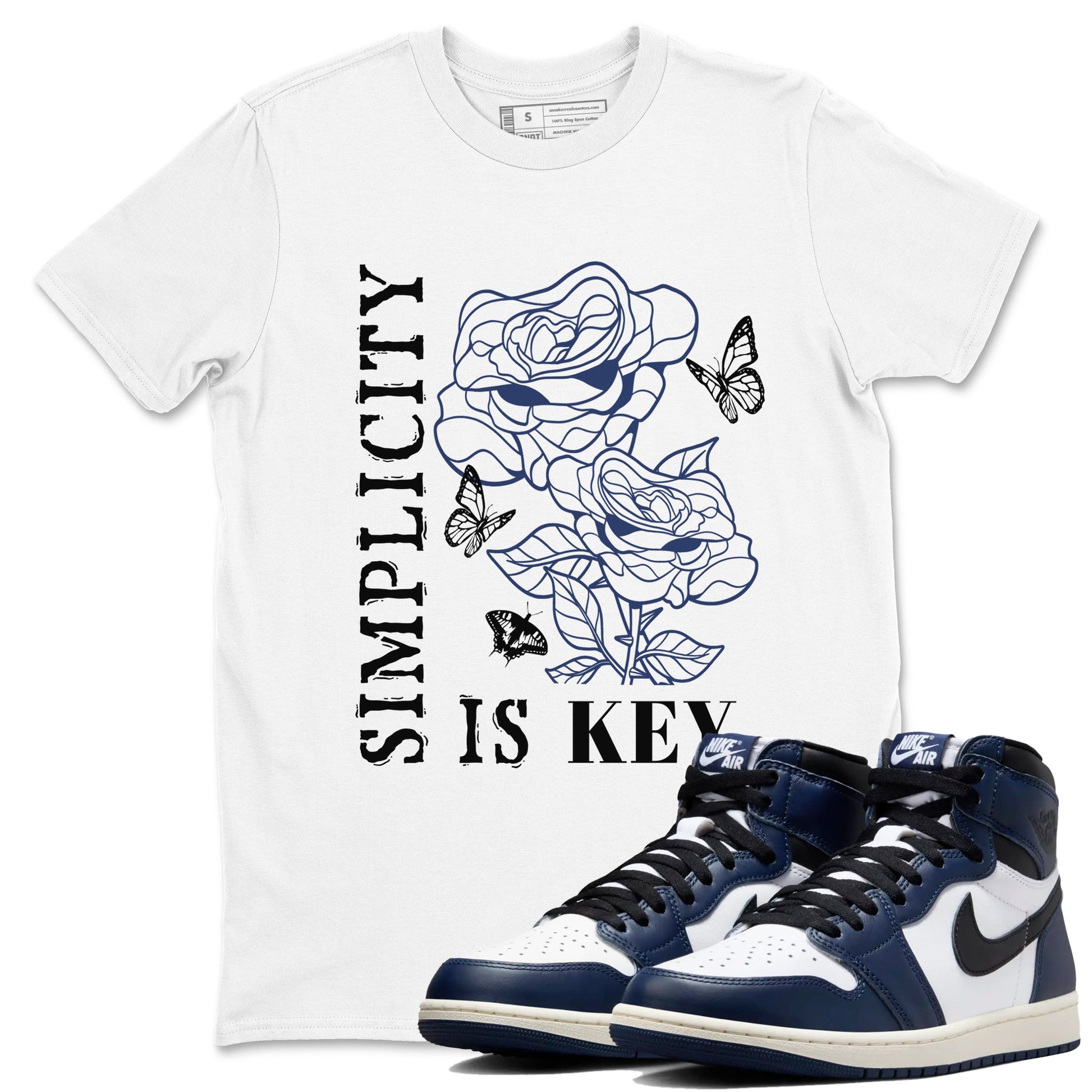 1s Midnight Navy shirts to match jordans Simplicity Is Key sneaker match tees Air Jordan 1 Midnight Navy match shoes to clothes SNRT Sneaker Tees unisex cotton White 1 shirts