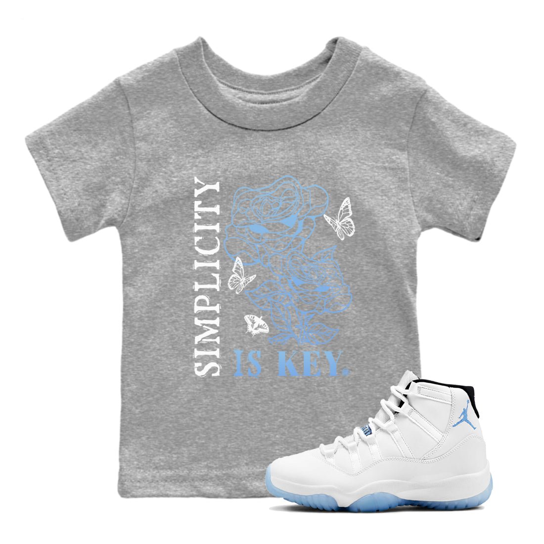11s Legend Blue shirts to match jordans Simplicity Is Key sneaker match tees Air Jordan 11 Retro Legend Blue match shoes to clothes SNRT Sneaker Tees Youth Baby Heather Grey 1 tee