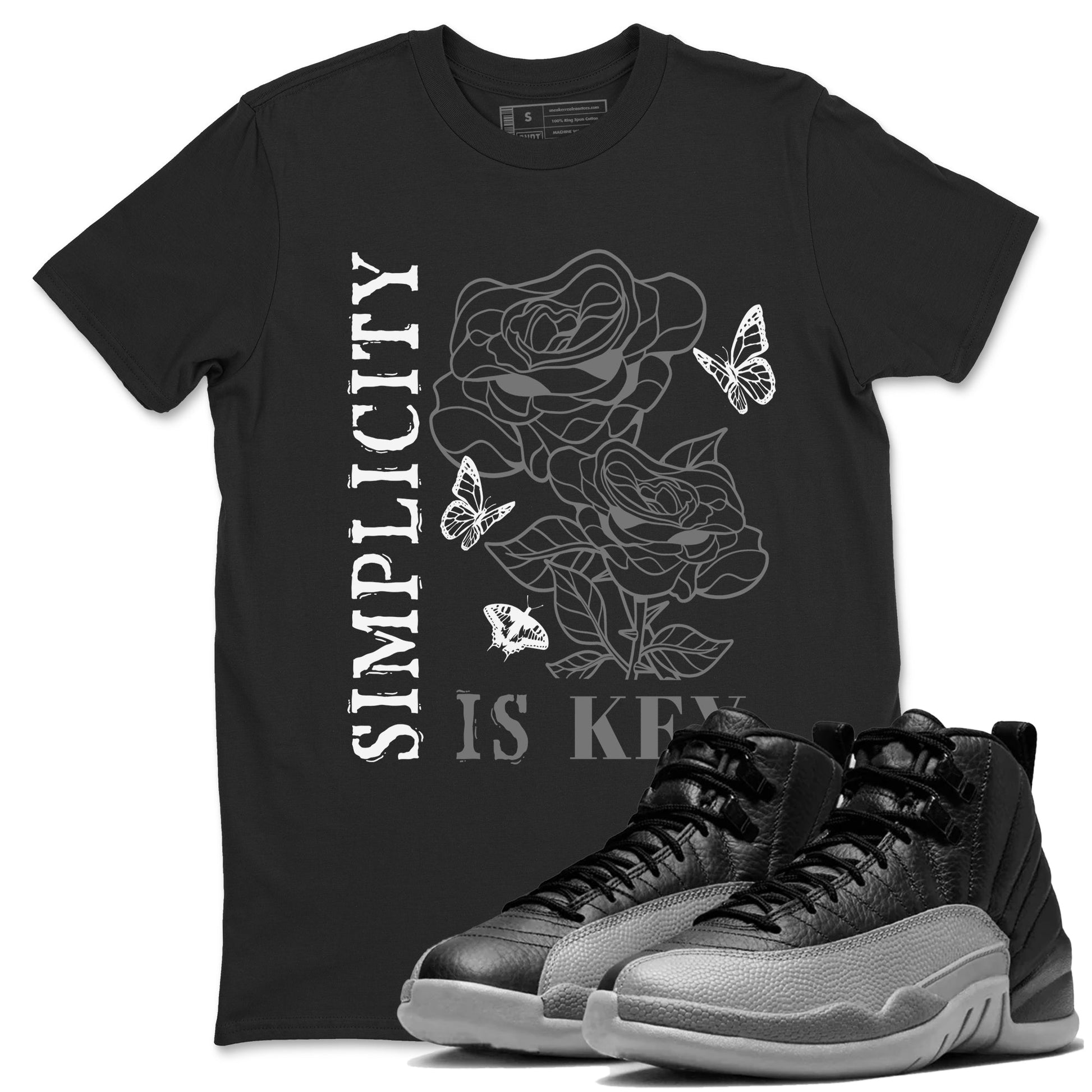 12s Black Wolf Grey shirts to match jordans Simplicity Is Key sneaker match tees 12s Baron SNRT Sneaker Release Tees unisex cotton Black 1 crew neck shirts