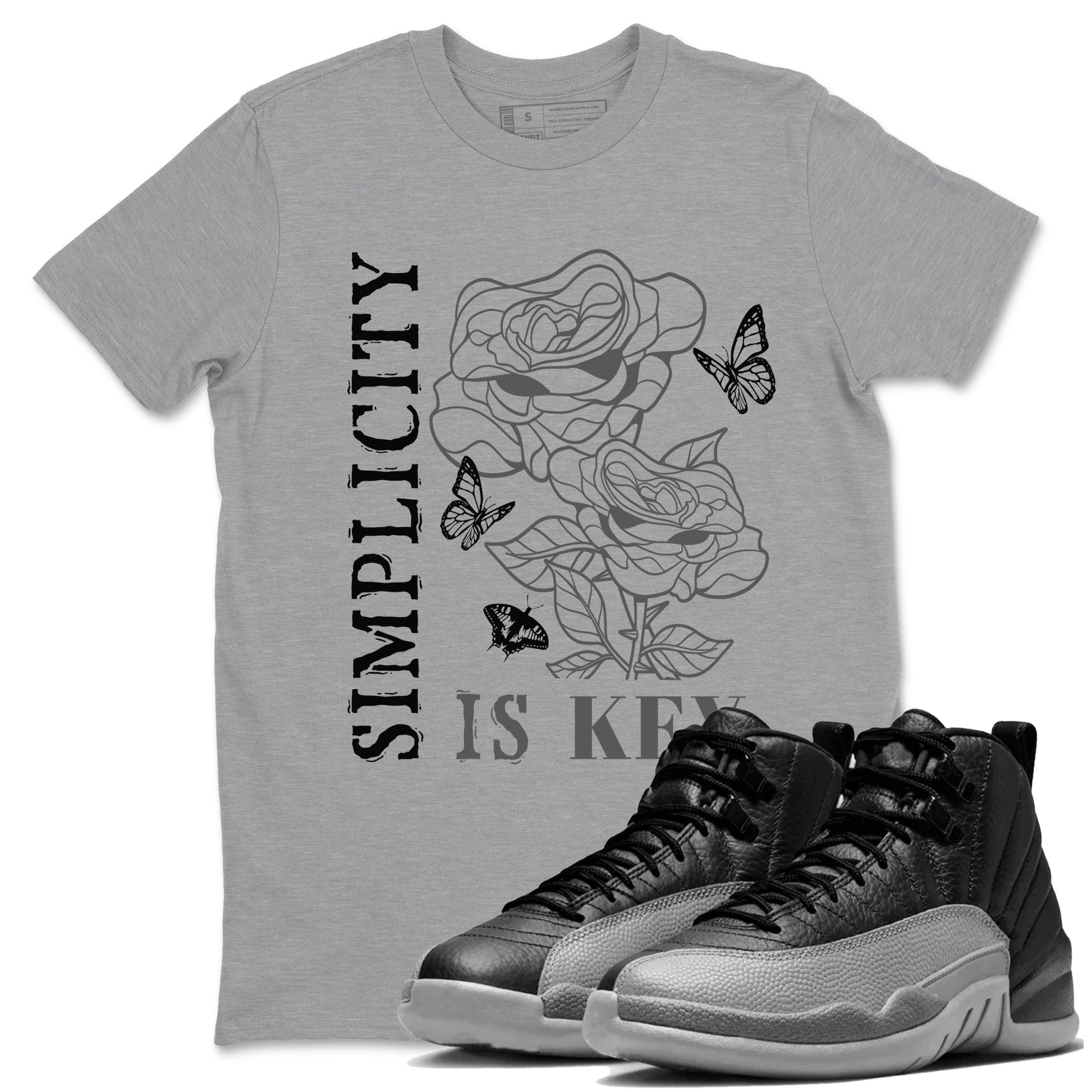 12s Black Wolf Grey shirts to match jordans Simplicity Is Key sneaker match tees 12s Baron SNRT Sneaker Release Tees unisex cotton Heather Grey 1 crew neck shirts