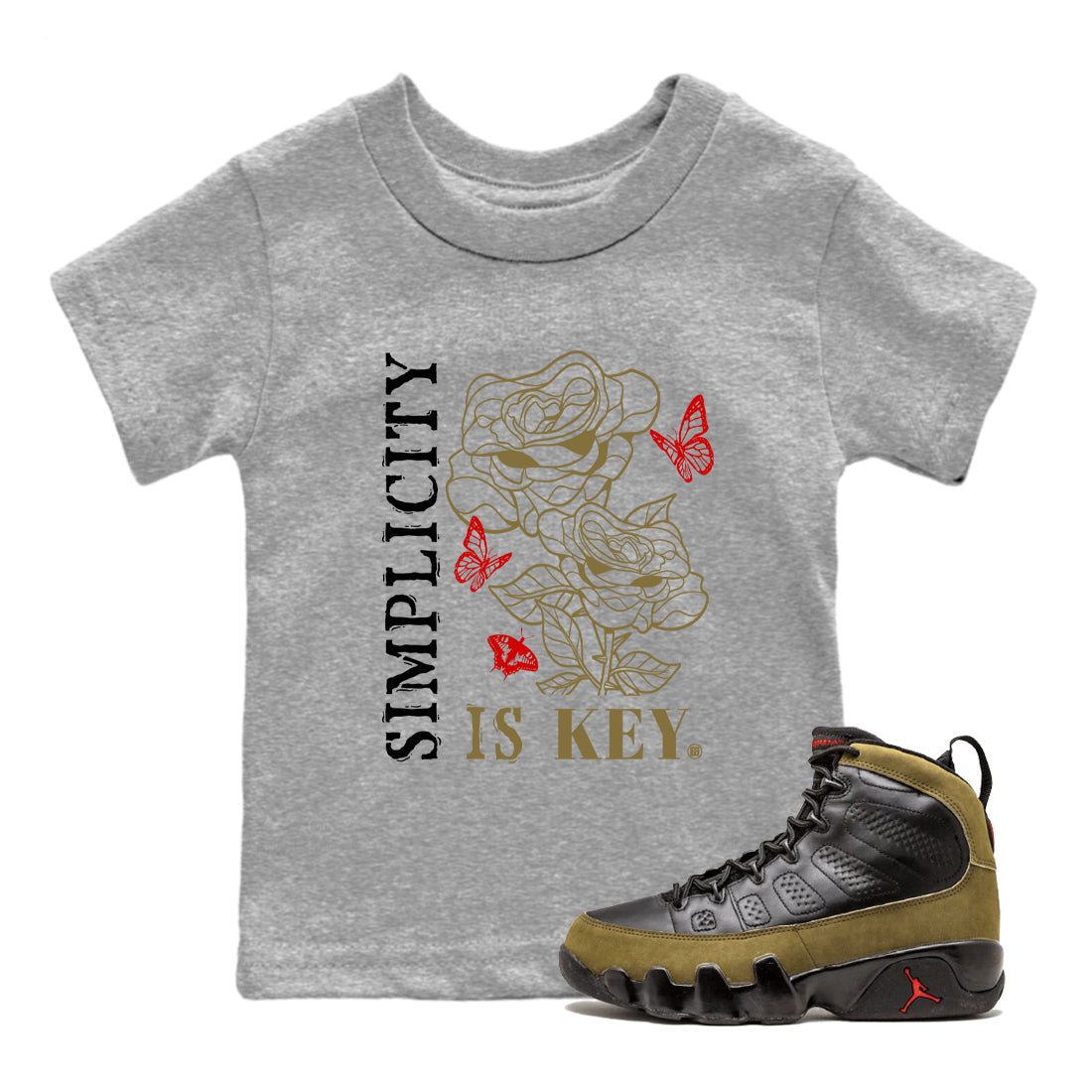 9s Olive shirts to match jordans Simplicity Is Key sneaker match tees Air Jordan 9 Olive match shoes to clothes SNRT Sneaker Tees Youth Baby Heather Grey 1 tee