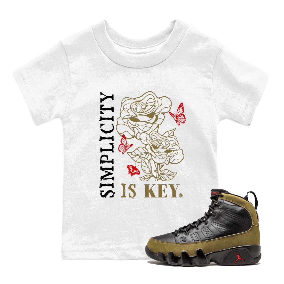 9s Olive shirts to match jordans Simplicity Is Key sneaker match tees Air Jordan 9 Olive match shoes to clothes SNRT Sneaker Tees Youth Baby White 1 tee