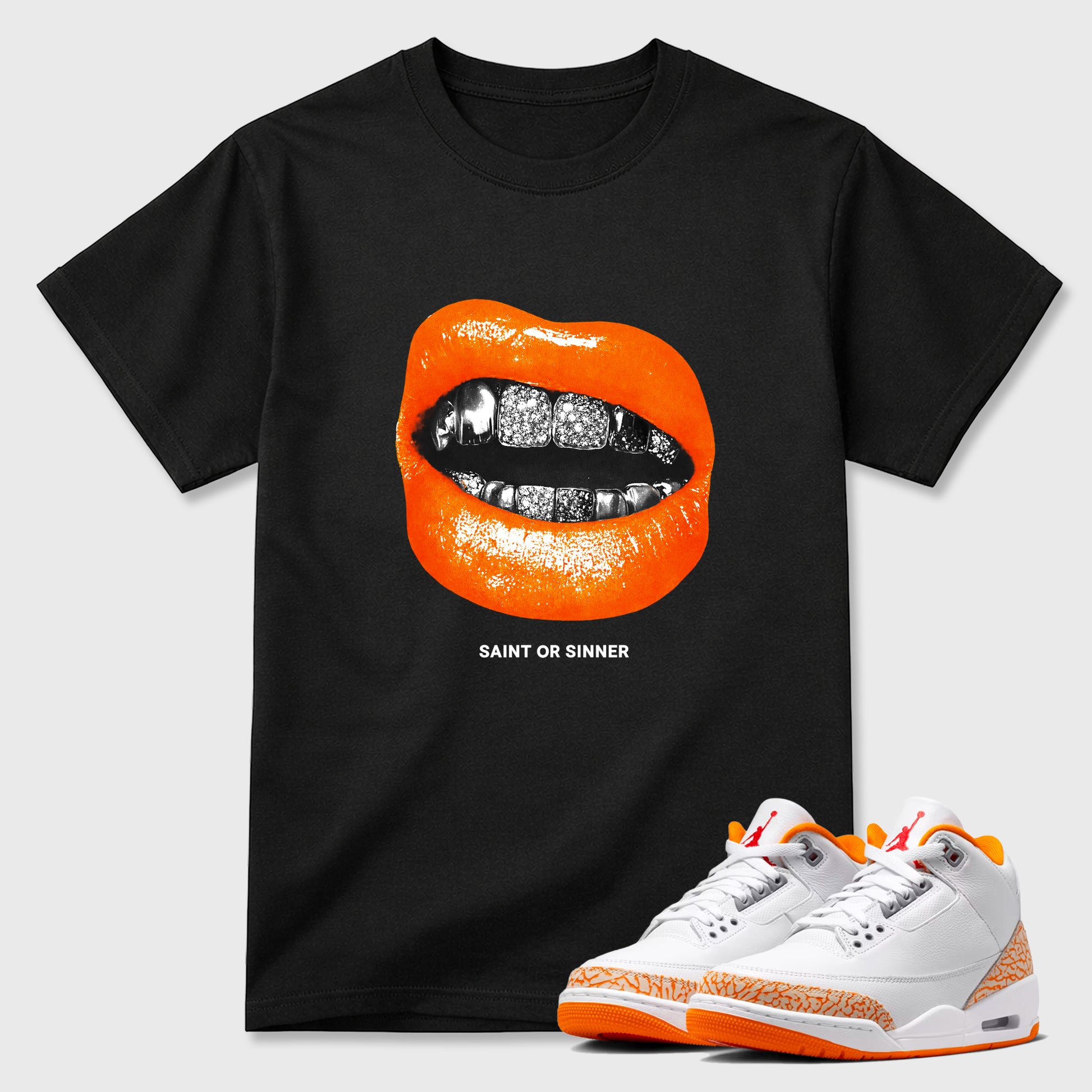 Sneaker match tees – Sneaker Tees To Match Air Jordan 3 Orange Citrus Shoes – Sinner or Saint Tee Black 1
