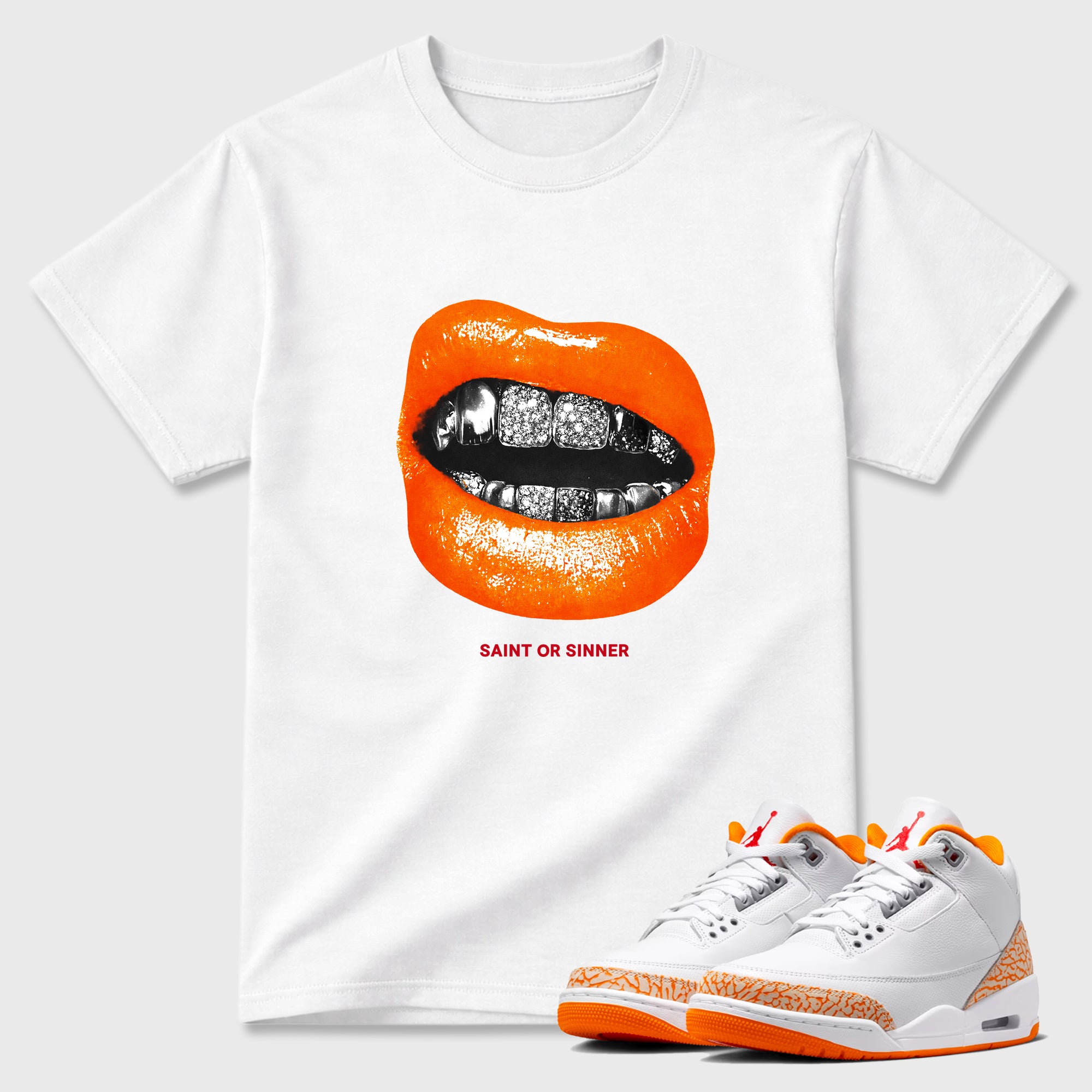 Sneaker match tees – Sneaker Tees To Match Air Jordan 3 Orange Citrus Shoes – Sinner or Saint Tee White 1