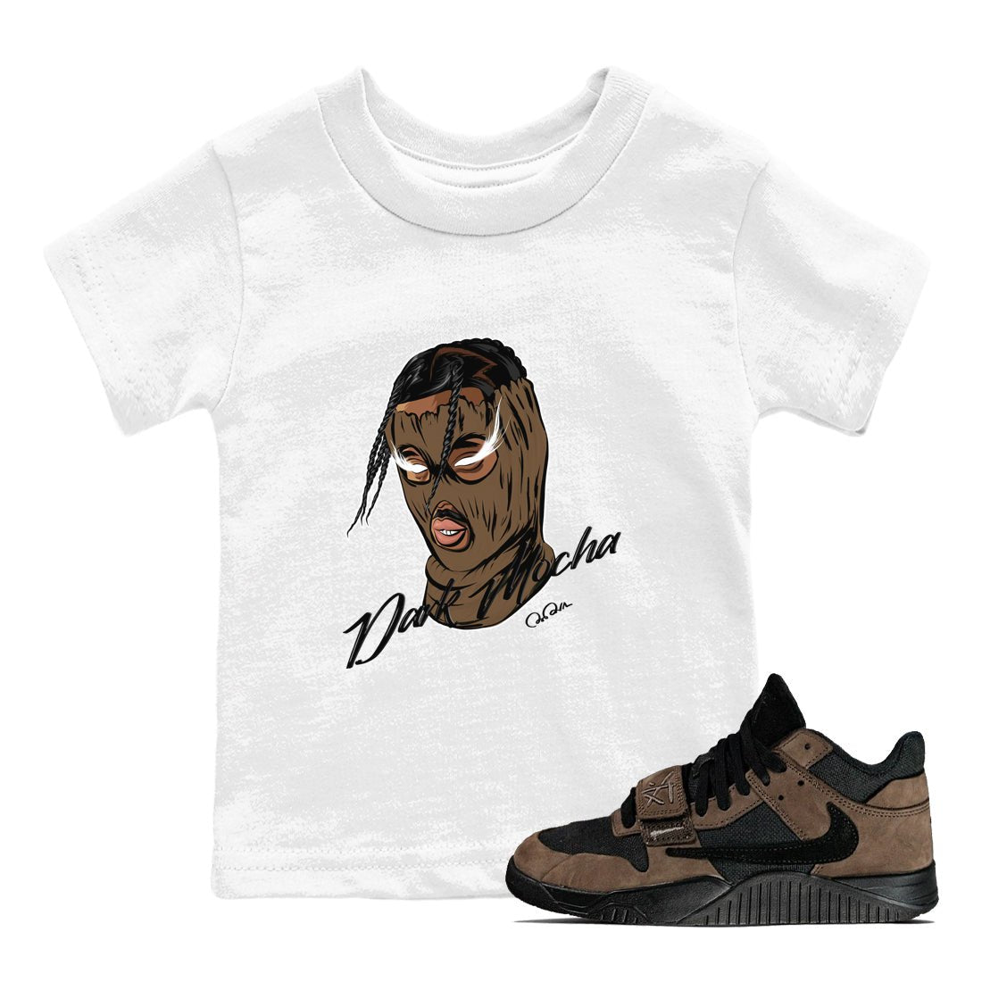 Jordan Jumpman Jack TR Travis Scott Dark Mocha shirts to match jordans Ski Mask Gang sneaker match tees Jordan Jumpman Jack Travis Scott Dark Mocha match shoes to clothes SNRT Sneaker Tees Youth Baby White 1 tee