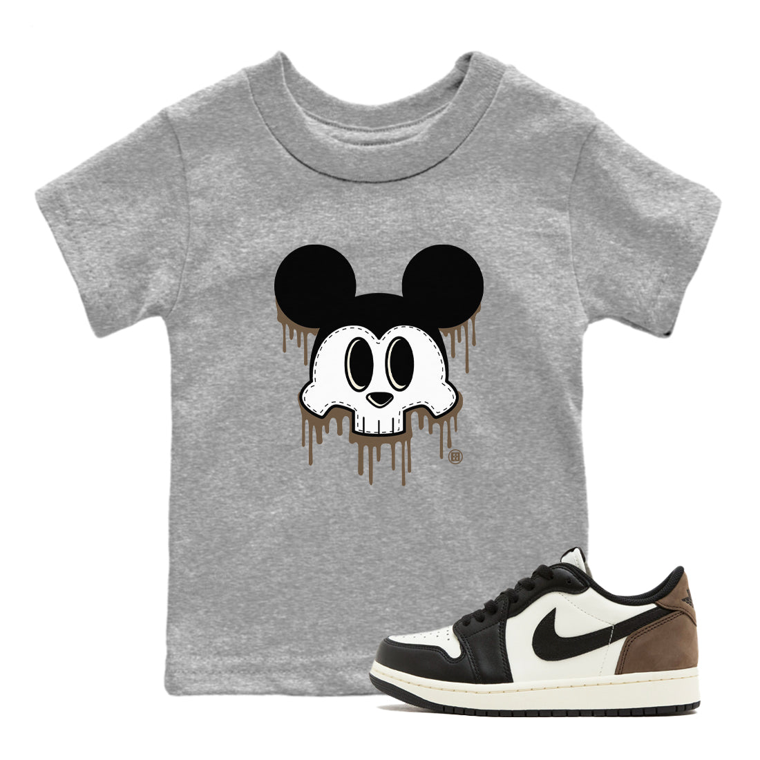 AJ1 Mocha shirts to match jordans Skull Mouse sneaker match tees Air Jordan 1 Mocha SNRT Sneaker Tees streetwear brand Baby and Youth Heather Grey 1 cotton tee