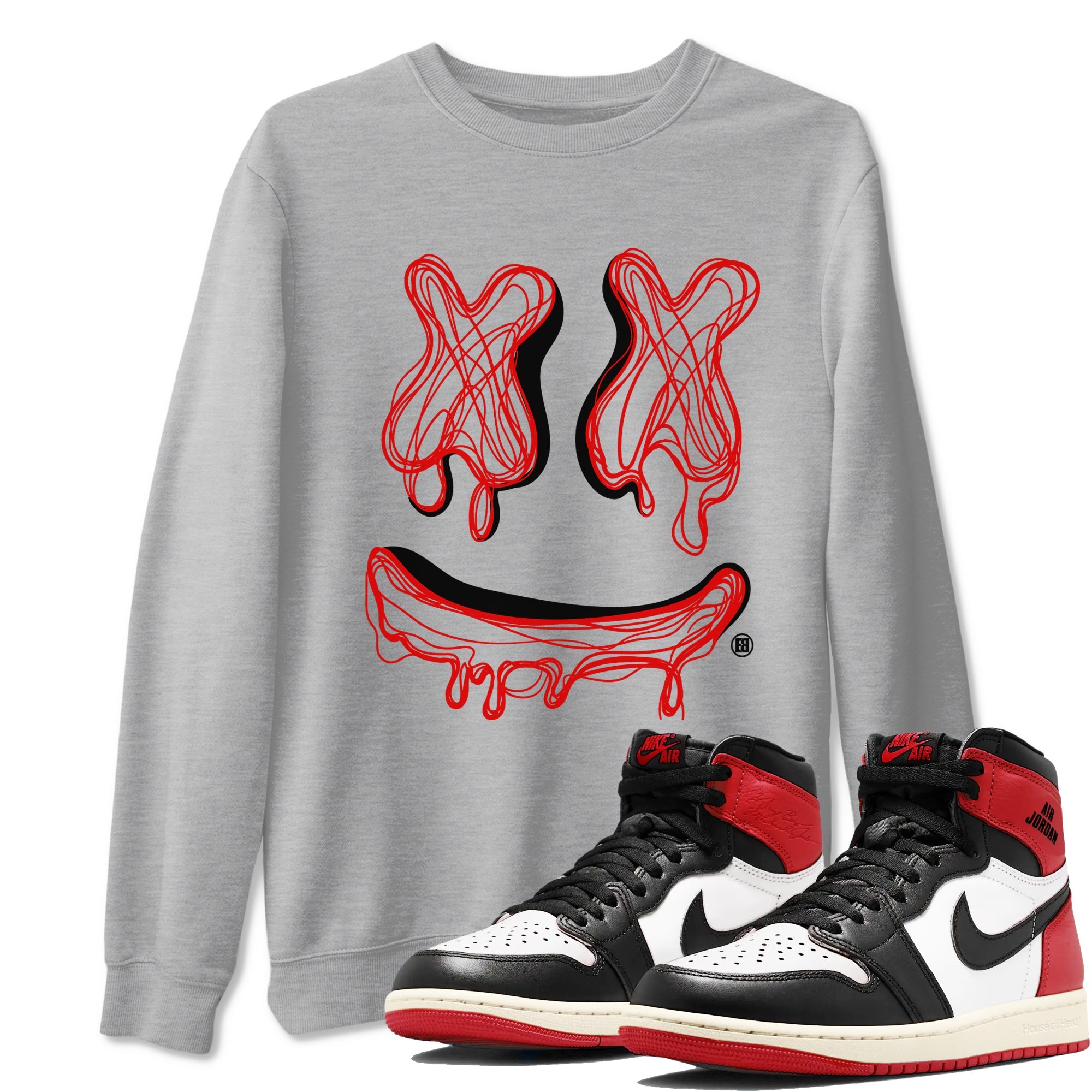 AJ1 Black Toe Reimagined shirts to match jordans Smile Doodle sneaker match tees Air Jordan 1 Black Toe Reimagined SNRT Sneaker Tees streetwear brand Heather Grey 1 unisex cotton tee