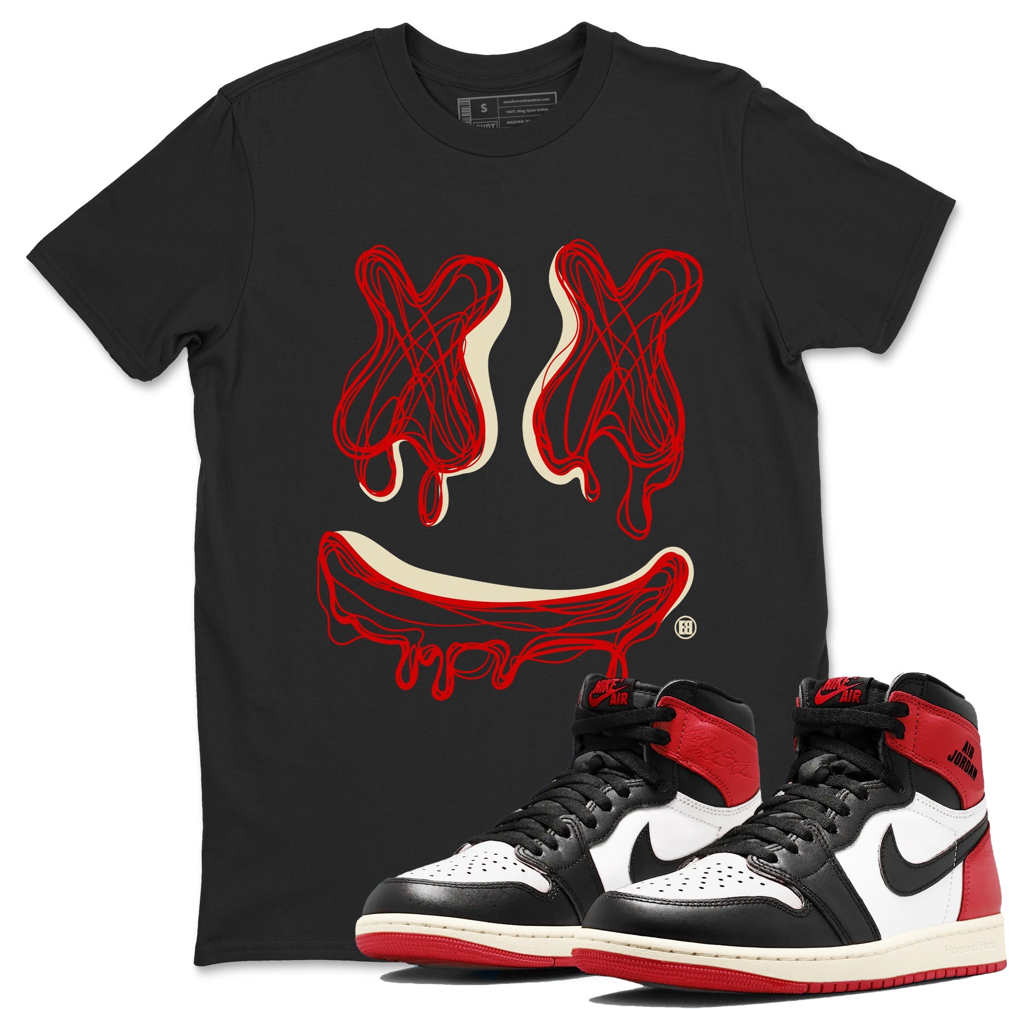 AJ1 Black Toe Reimagined shirts to match jordans Smile Doodle sneaker match tees Air Jordan 1 Black Toe Reimagined SNRT Sneaker Tees streetwear brand Black 1 unisex cotton tee
