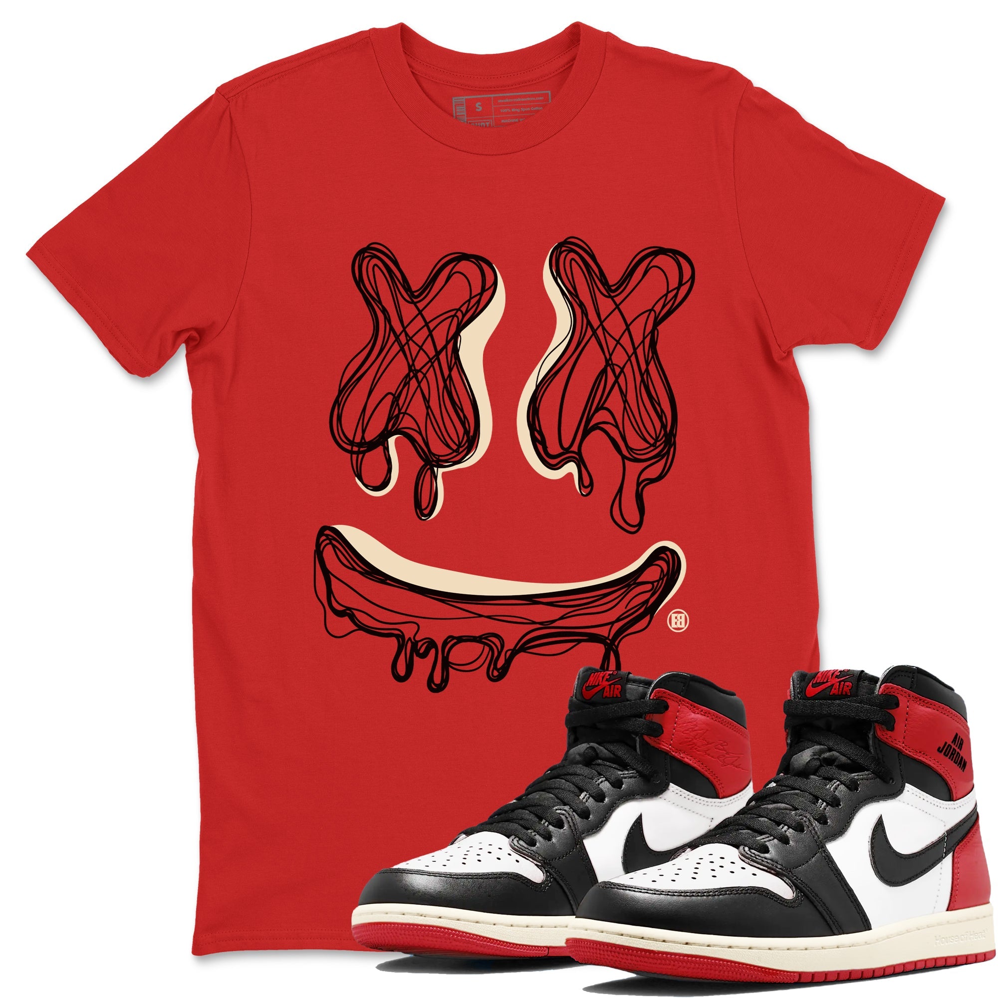 AJ1 Black Toe Reimagined shirts to match jordans Smile Doodle sneaker match tees Air Jordan 1 Black Toe Reimagined SNRT Sneaker Tees streetwear brand Red 1 unisex cotton tee