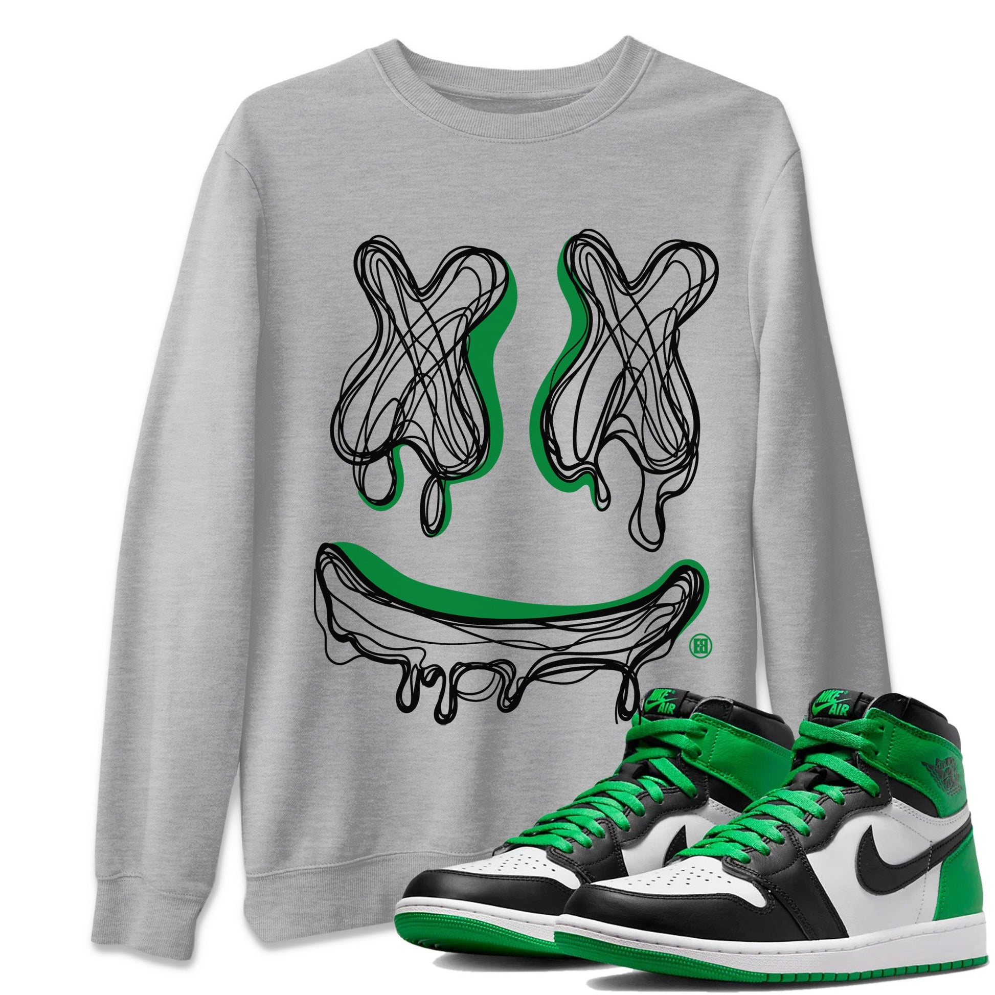 Air Jordan 1 Celtics shirt to match jordans Smile Doodle sneaker tees Air Jordan 1 Celtics SNRT Sneaker Release Tees unisex cotton Heather Grey 1 crew neck shirt