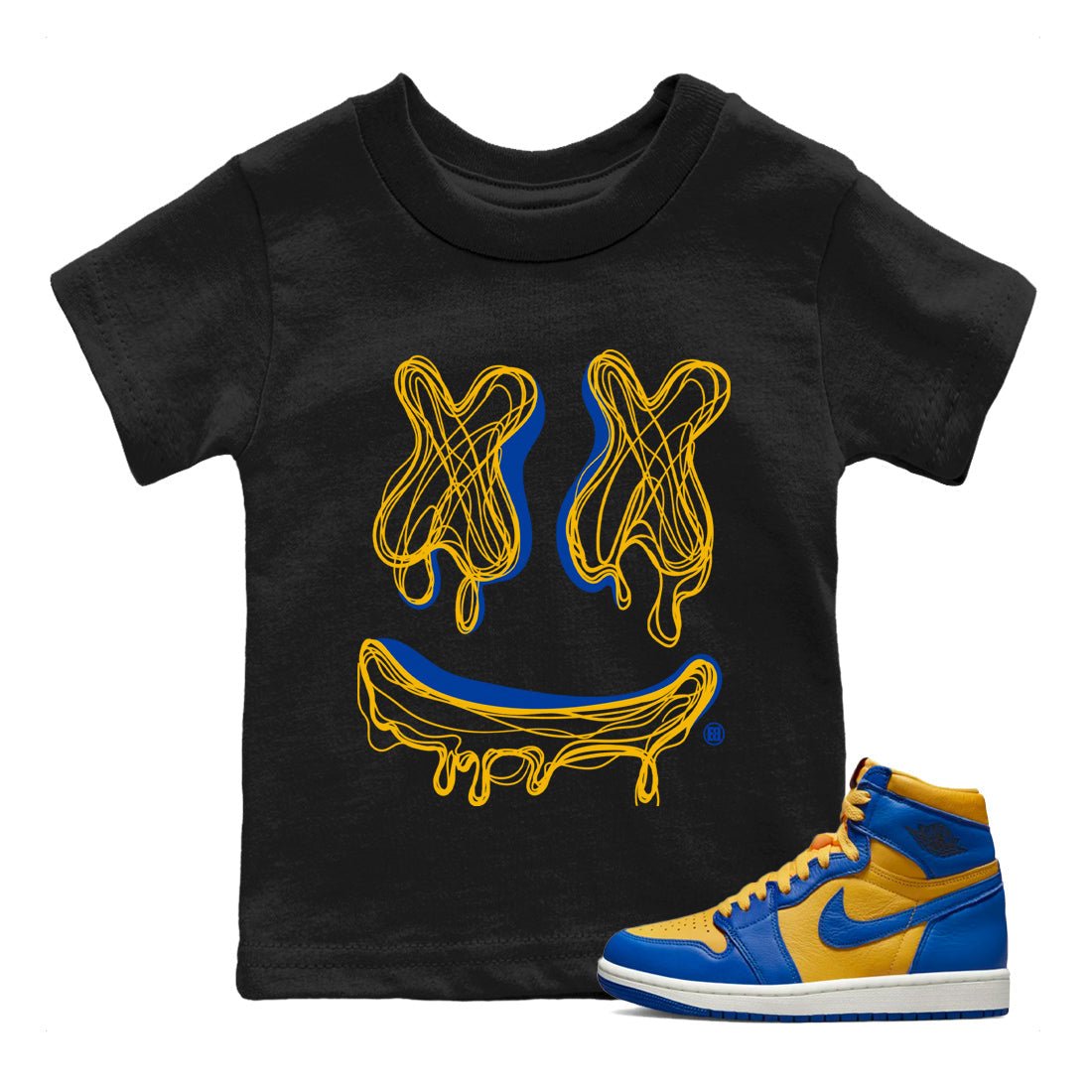 Air Jordan 1 Game Royal Varsity Maize shirt to match jordans Smile Doodle sneaker tees Air Jordan 1 Game Royal Varsity Maize SNRT sneaker release tees baby toddler Black 1 cotton Shirt