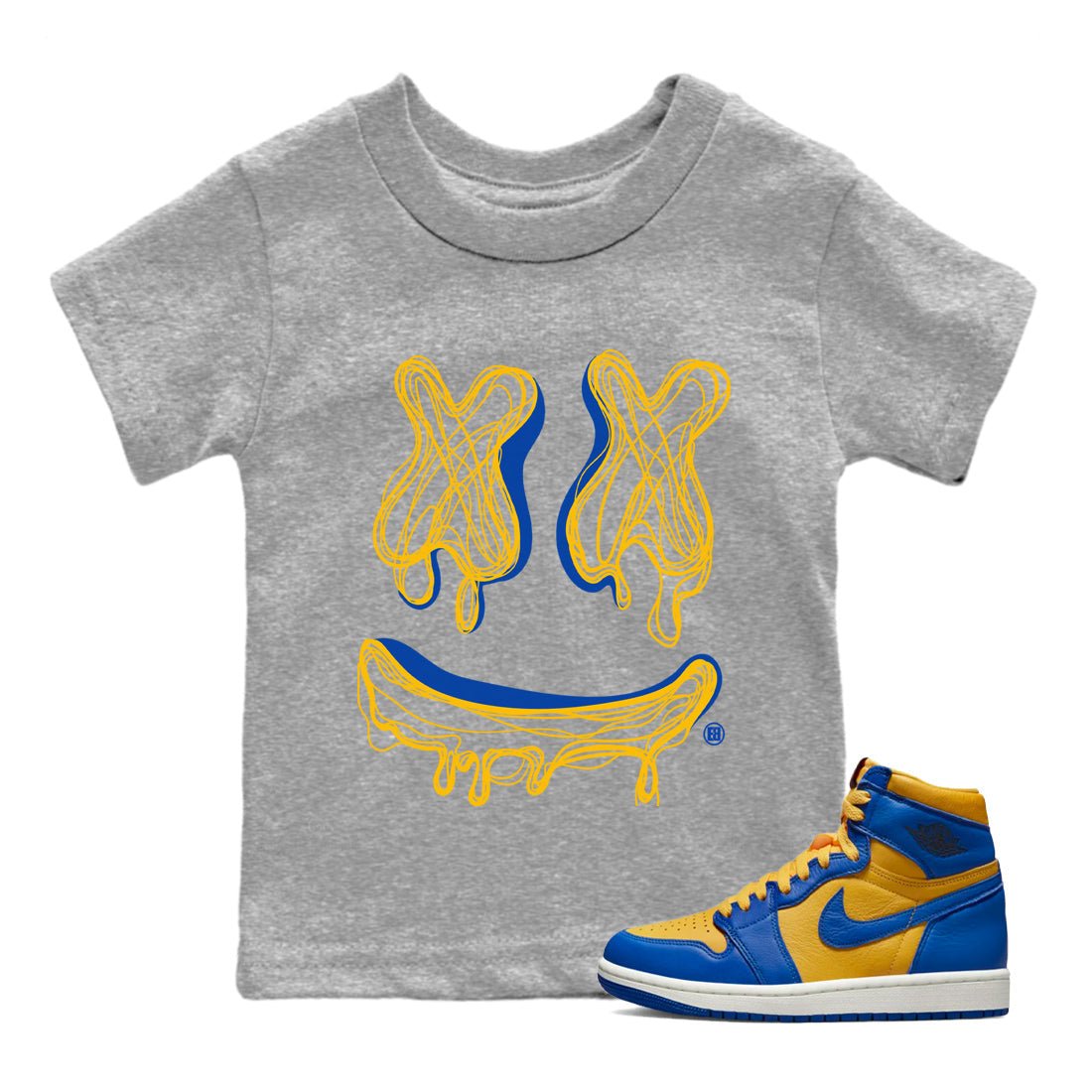 Air Jordan 1 Game Royal Varsity Maize shirt to match jordans Smile Doodle sneaker tees Air Jordan 1 Game Royal Varsity Maize SNRT sneaker release tees baby toddler Heather Grey 1 cotton Shirt