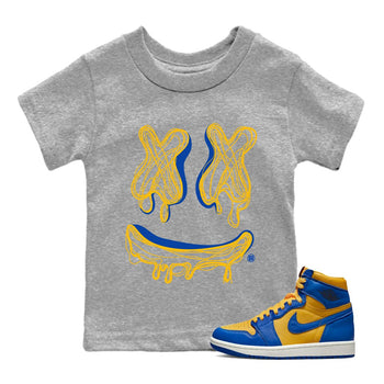Air Jordan 1 Game Royal Varsity Maize shirt to match jordans Smile Doodle sneaker tees Air Jordan 1 Game Royal Varsity Maize SNRT sneaker release tees baby toddler Heather Grey 1 cotton Shirt