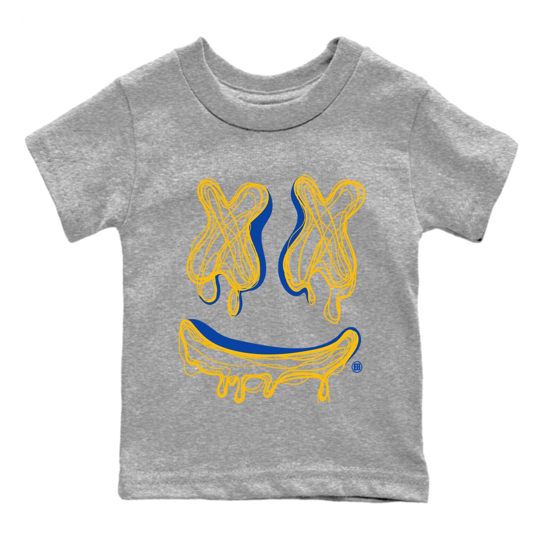 Air Jordan 1 Game Royal Varsity Maize shirt to match jordans Smile Doodle sneaker tees Air Jordan 1 Game Royal Varsity Maize SNRT sneaker release tees baby toddler Heather Grey 2 cotton Shirt