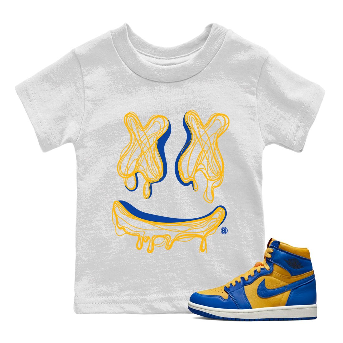 Air Jordan 1 Game Royal Varsity Maize shirt to match jordans Smile Doodle sneaker tees Air Jordan 1 Game Royal Varsity Maize SNRT sneaker release tees baby toddler White 2 cotton Shirt