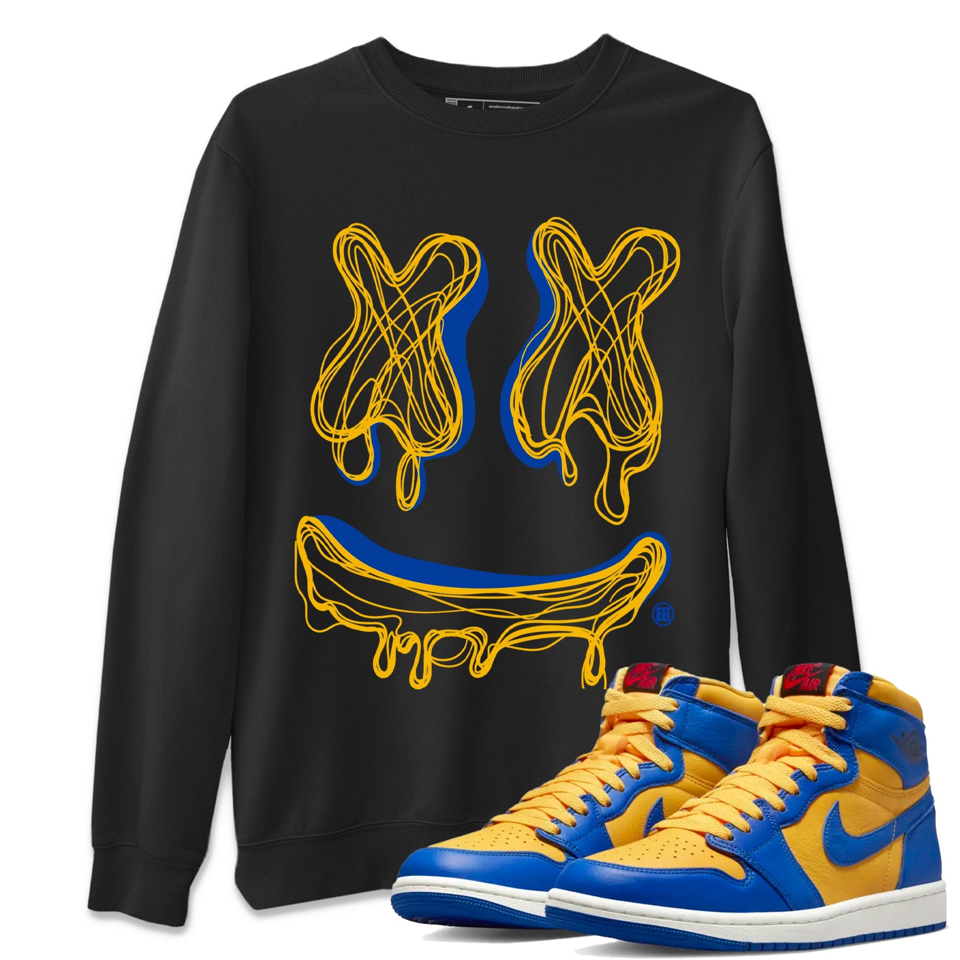 Air Jordan 1 Game Royal Varsity Maize shirt to match jordans Smile Doodle sneaker tees Air Jordan 1 Game Royal Varsity Maize SNRT Sneaker Release Tees unisex cotton Black 1 crew neck shirt
