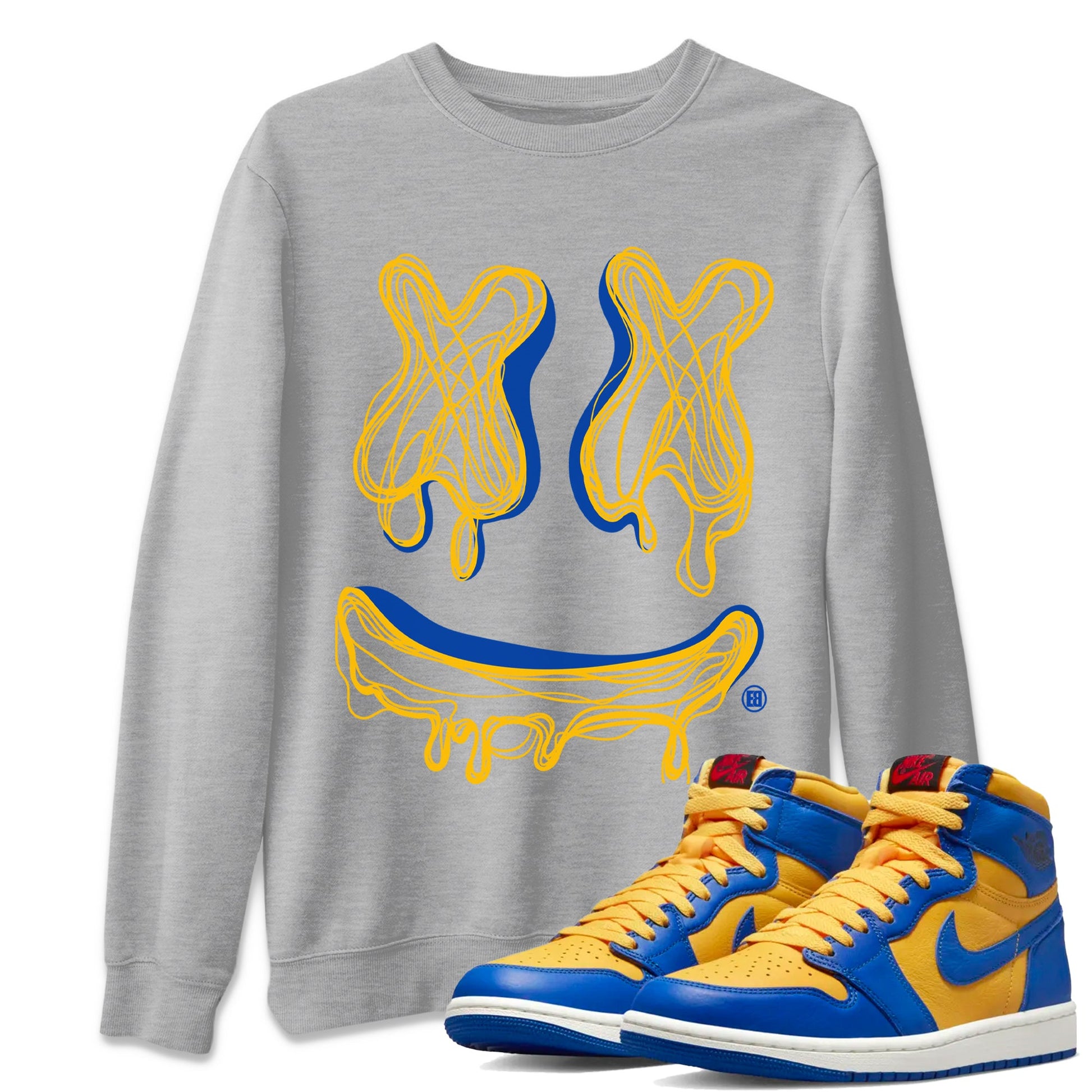 Air Jordan 1 Game Royal Varsity Maize shirt to match jordans Smile Doodle sneaker tees Air Jordan 1 Game Royal Varsity Maize SNRT Sneaker Release Tees unisex cotton Heather Grey 1 crew neck shirt