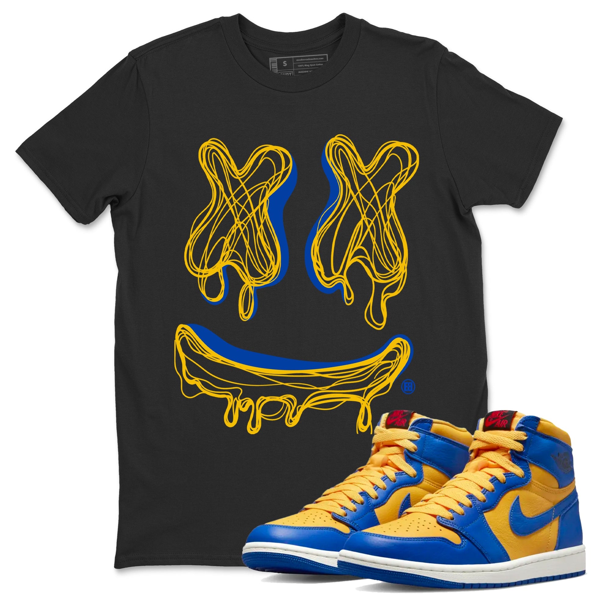 Air Jordan 1 Game Royal Varsity Maize shirt to match jordans Smile Doodle sneaker tees Air Jordan 1 Game Royal Varsity Maize SNRT Sneaker Release Tees unisex cotton Black 1 crew neck shirt