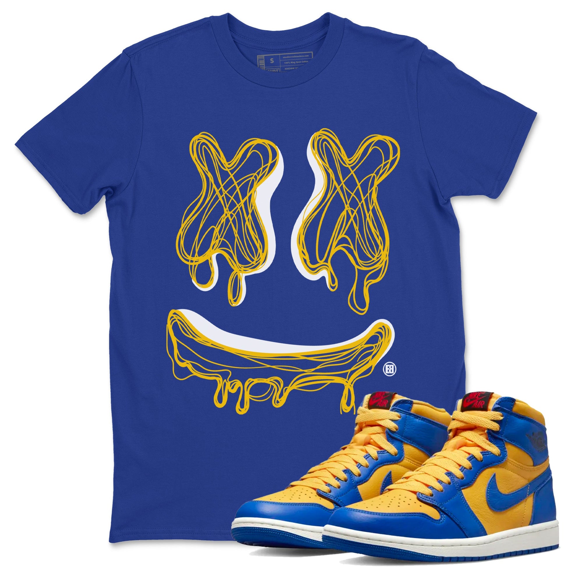 Air Jordan 1 Game Royal Varsity Maize shirt to match jordans Smile Doodle sneaker tees Air Jordan 1 Game Royal Varsity Maize SNRT Sneaker Release Tees unisex cotton Royal Blue 1 crew neck shirt