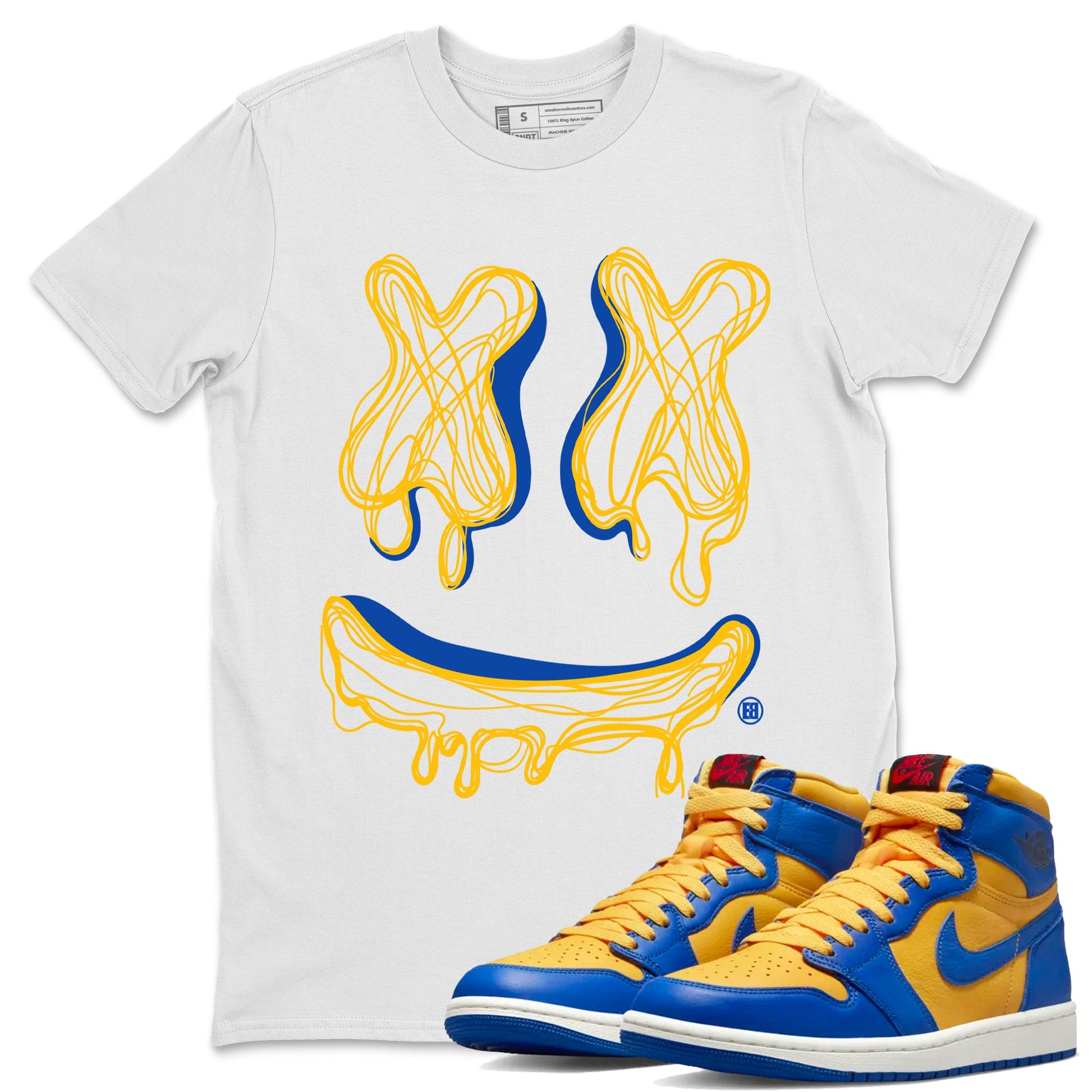 Air Jordan 1 Game Royal Varsity Maize shirt to match jordans Smile Doodle sneaker tees Air Jordan 1 Game Royal Varsity Maize SNRT Sneaker Release Tees unisex cotton White 1 crew neck shirt