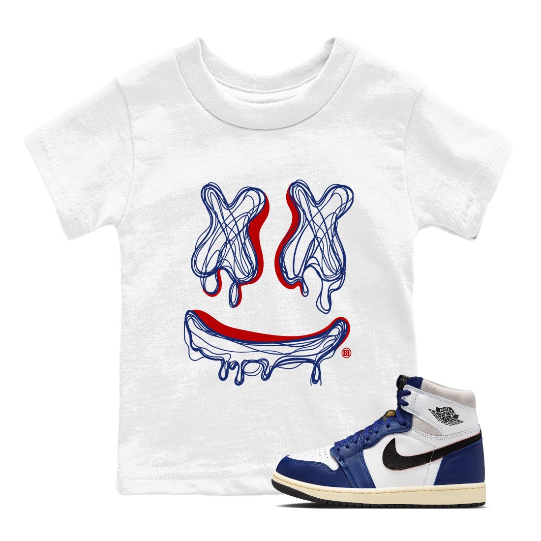 1s Rare Air shirts to match jordans Smile Doodle sneaker match tees Air Jordan 1 High OG Rare Air Deep Royal Blue match shoes to clothes SNRT Sneaker Tees Youth Baby White 1 tee
