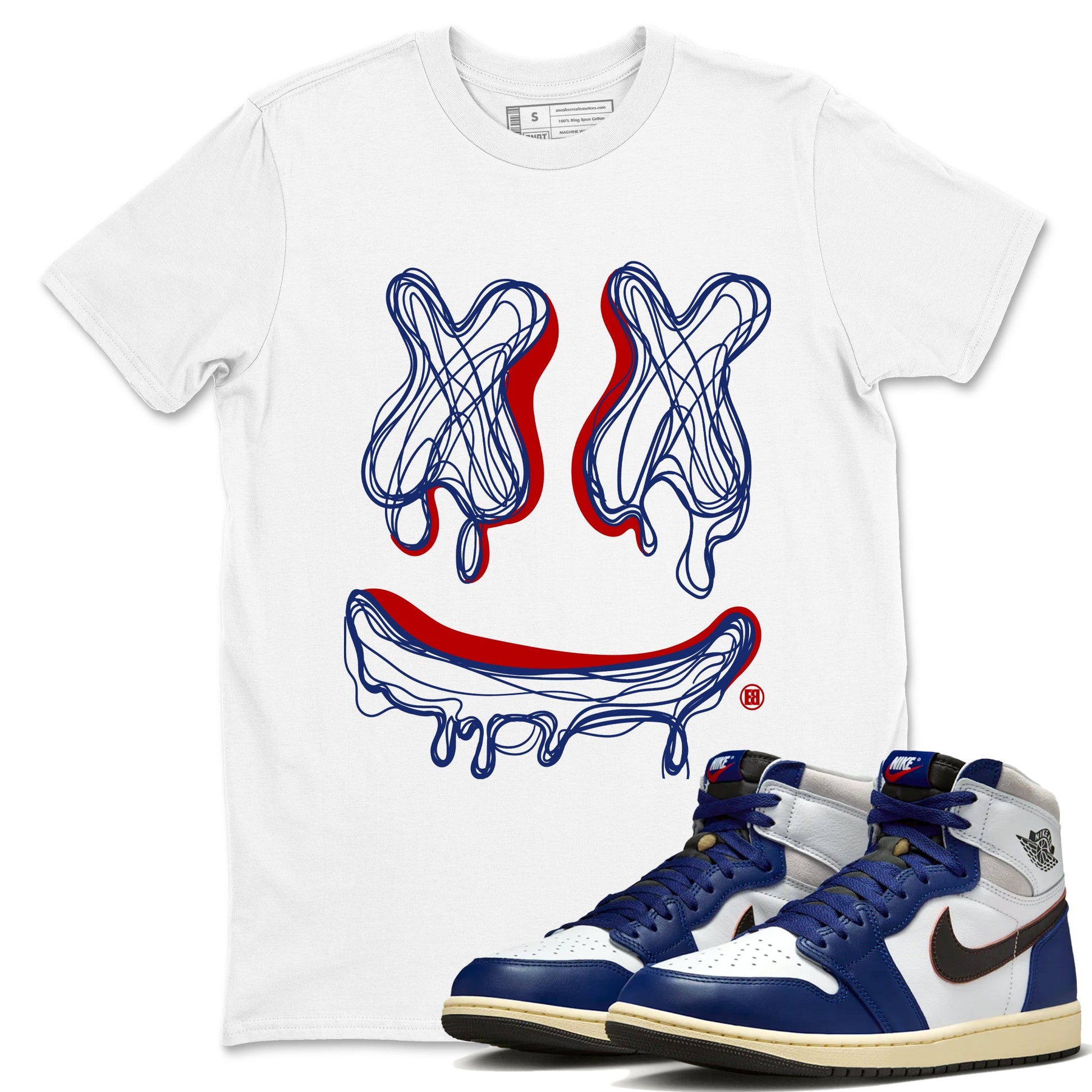 1s Rare Air shirts to match jordans Smile Doodle sneaker match tees Air Jordan 1 High OG Rare Air Deep Royal Blue match shoes to clothes SNRT Sneaker Tees unisex cotton White 1 shirts