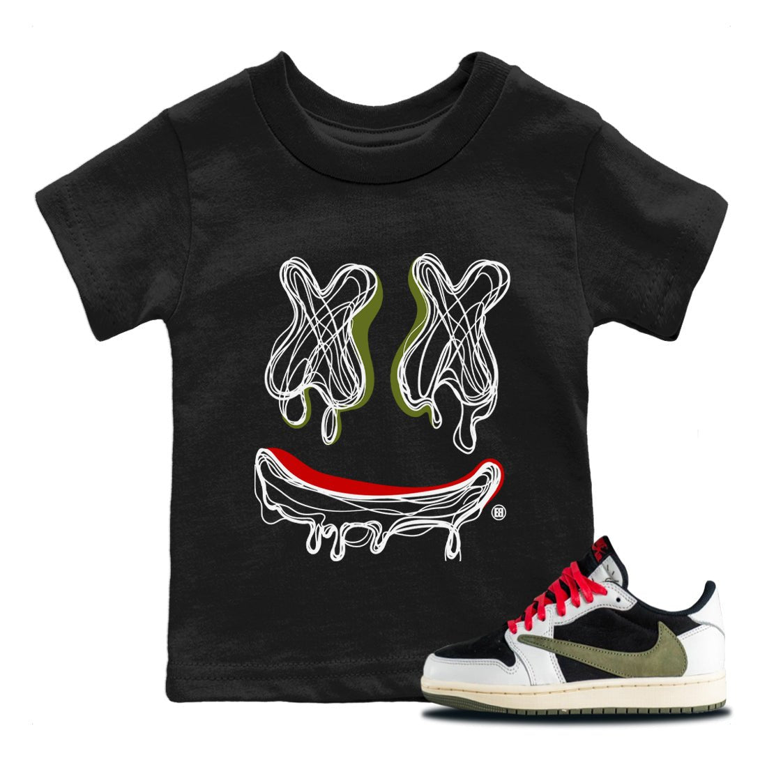 Air Jordan 1 Travis Scott Olive shirt to match jordans Smile Doodle sneaker tees Air Jordan 1 Travis Scott Olive SNRT sneaker release tees baby toddler Black 1 cotton Shirt