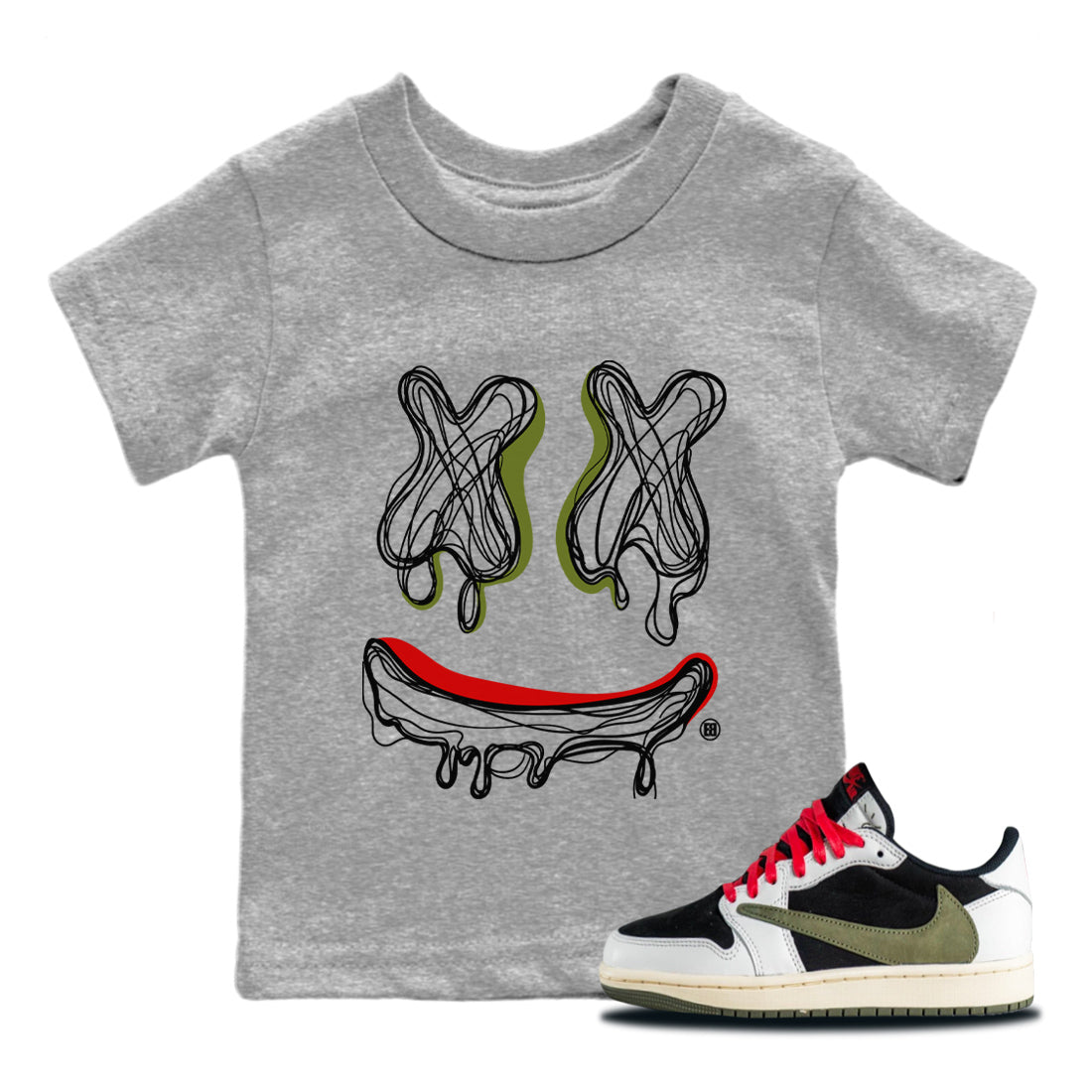 Air Jordan 1 Travis Scott Olive shirt to match jordans Smile Doodle sneaker tees Air Jordan 1 Travis Scott Olive SNRT sneaker release tees baby toddler Heather Grey 1 cotton Shirt