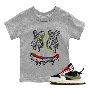 Air Jordan 1 Travis Scott Olive shirt to match jordans Smile Doodle sneaker tees Air Jordan 1 Travis Scott Olive SNRT sneaker release tees baby toddler Heather Grey 1 cotton Shirt