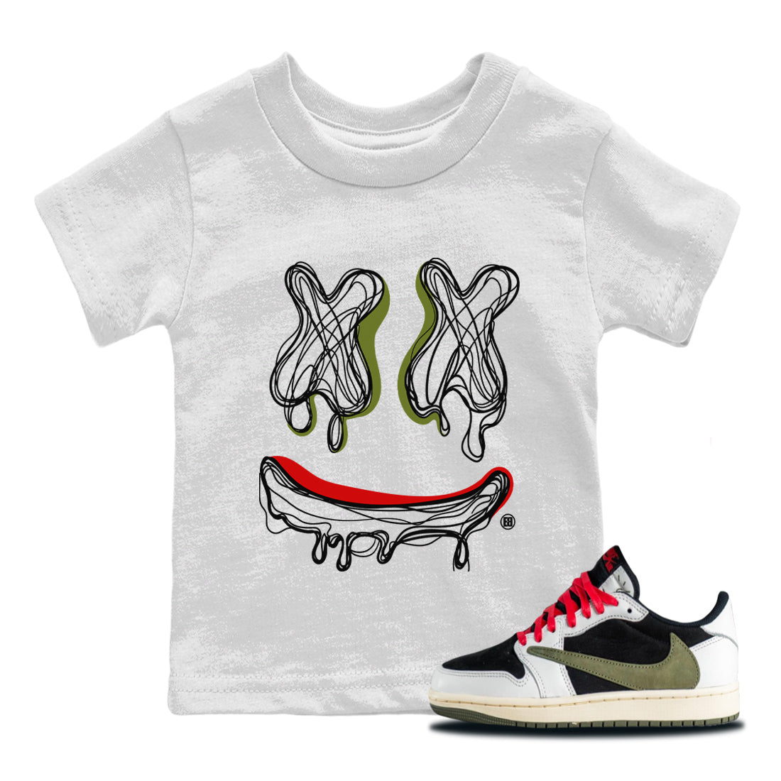 Air Jordan 1 Travis Scott Olive shirt to match jordans Smile Doodle sneaker tees Air Jordan 1 Travis Scott Olive SNRT sneaker release tees baby toddler White 1 cotton Shirt