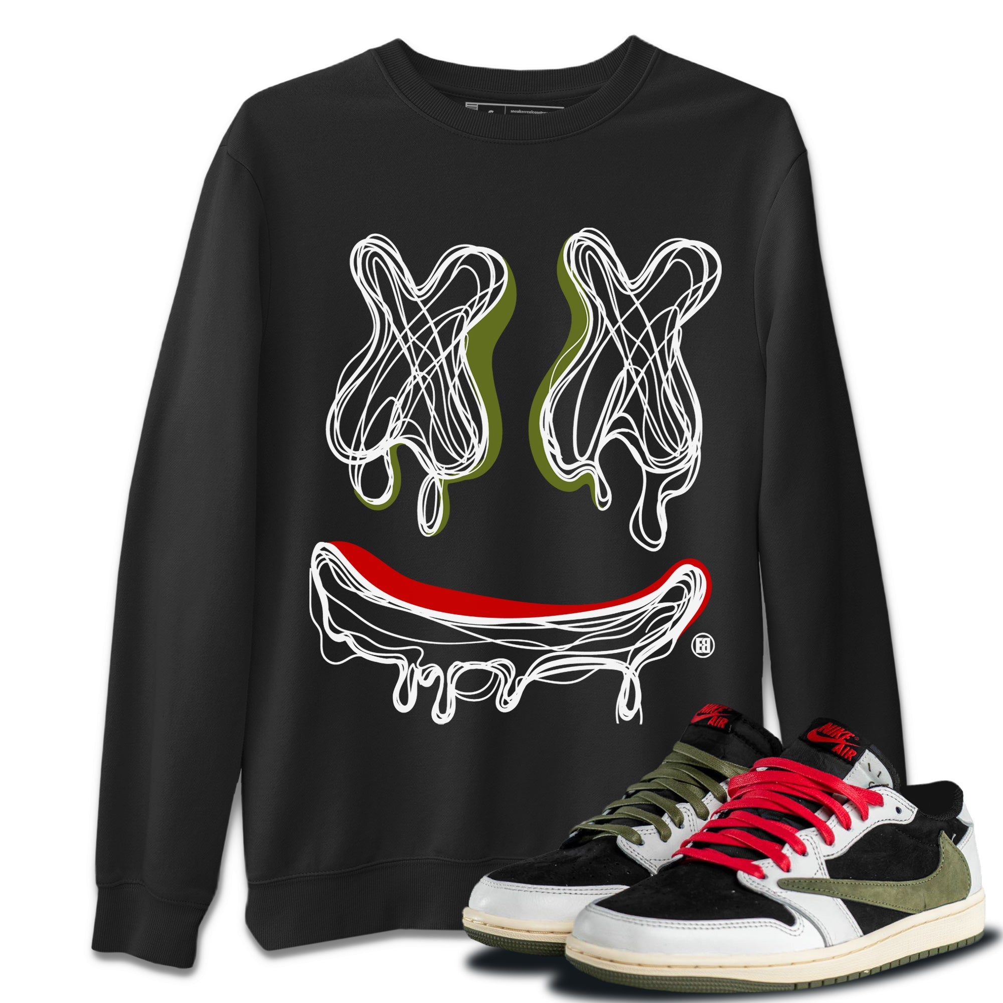 Air Jordan 1 Travis Scott Olive shirt to match jordans Smile Doodle sneaker tees Air Jordan 1 Travis Scott Olive SNRT Sneaker Release Tees unisex cotton Black 1 crew neck shirt