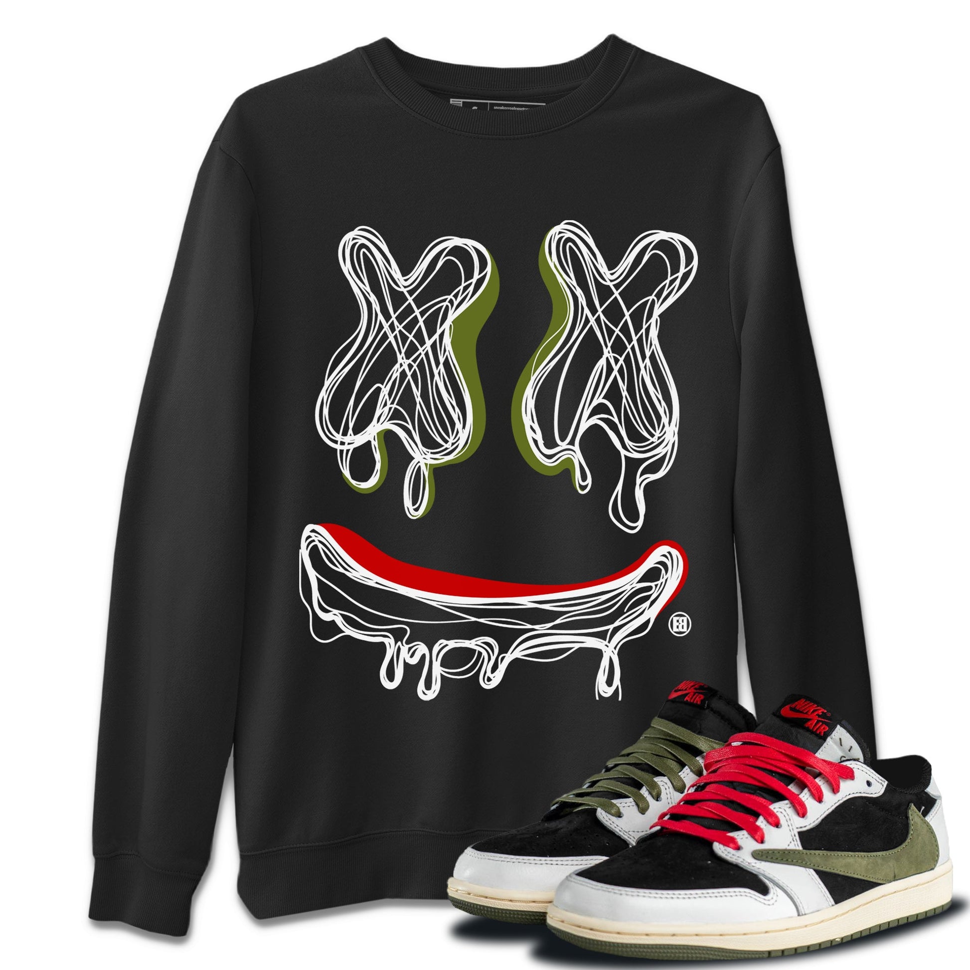 Air Jordan 1 Travis Scott Olive shirt to match jordans Smile Doodle sneaker tees Air Jordan 1 Travis Scott Olive SNRT Sneaker Release Tees unisex cotton Black 1 crew neck shirt
