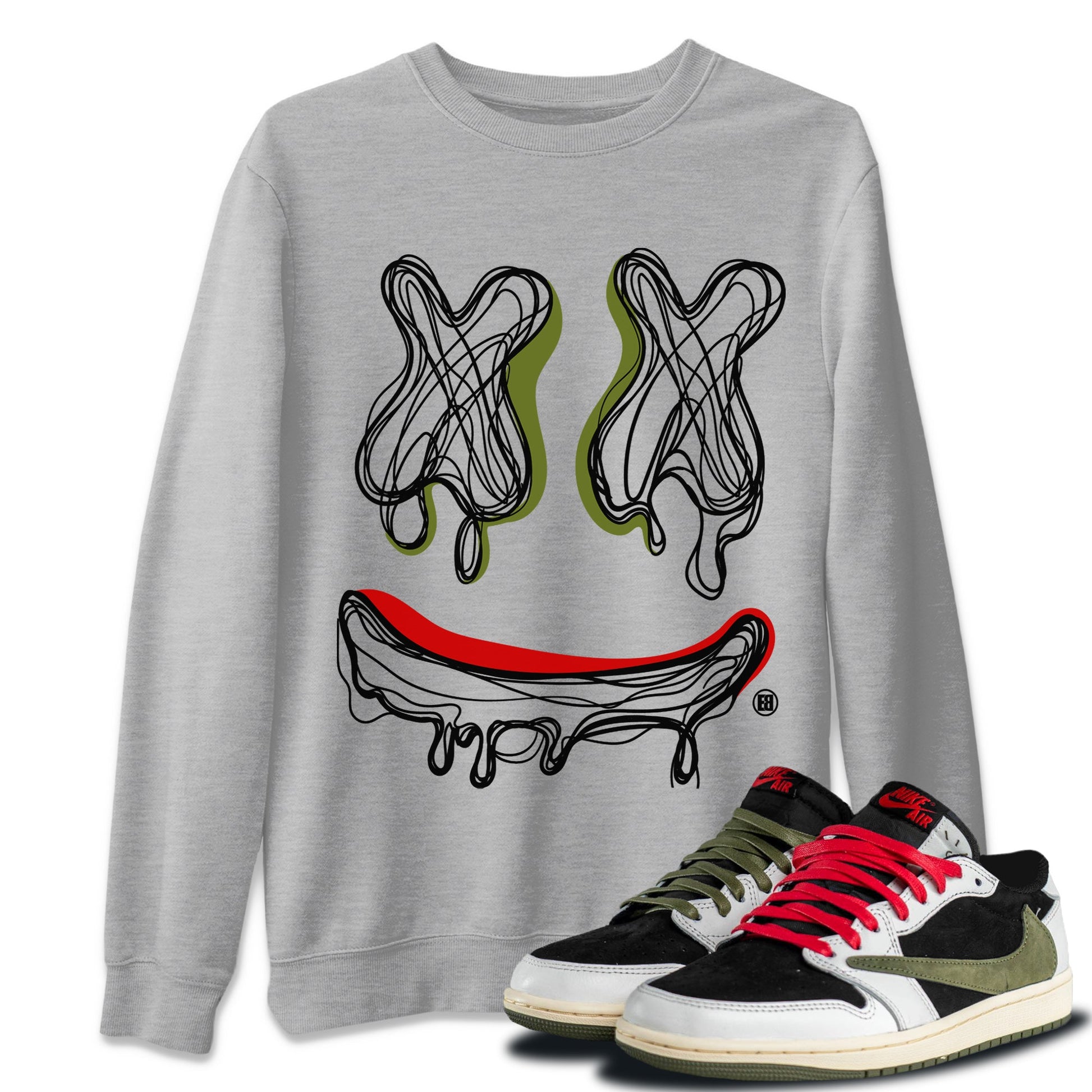 Air Jordan 1 Travis Scott Olive shirt to match jordans Smile Doodle sneaker tees Air Jordan 1 Travis Scott Olive SNRT Sneaker Release Tees unisex cotton Heather Grey 1 crew neck shirt