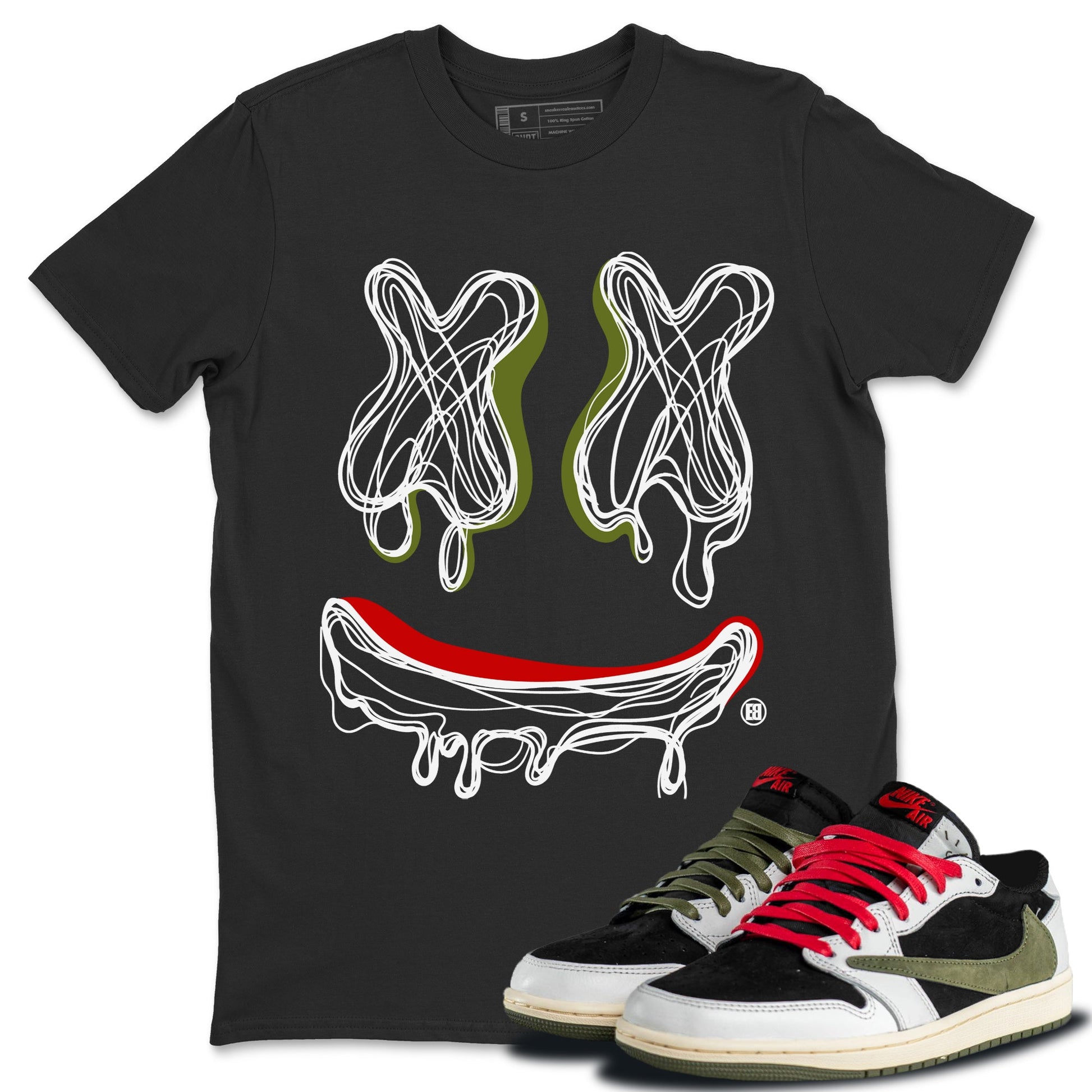 Air Jordan 1 Travis Scott Olive shirt to match jordans Smile Doodle sneaker tees Air Jordan 1 Travis Scott Olive SNRT Sneaker Release Tees unisex cotton Black 1 crew neck shirt