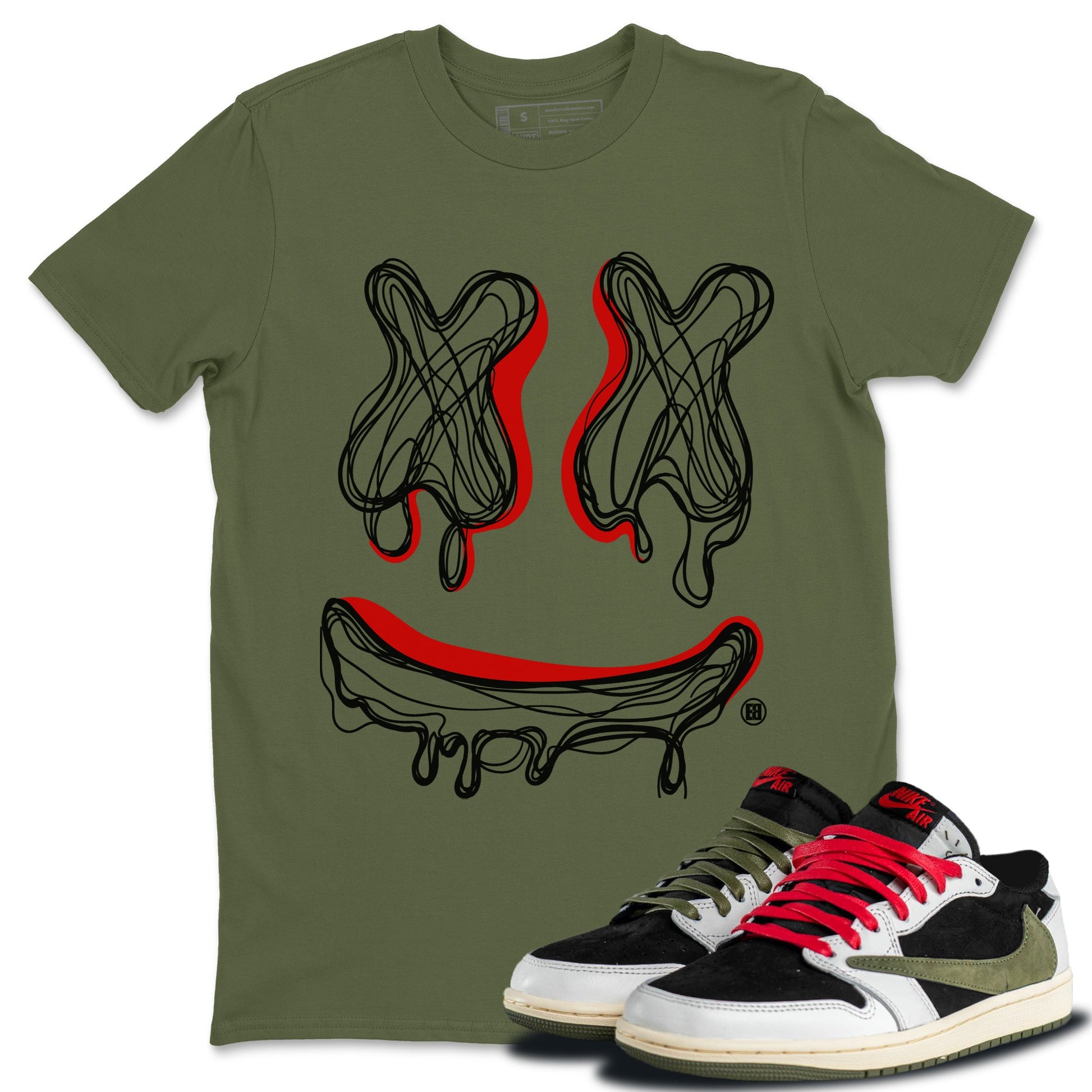 Air Jordan 1 Travis Scott Olive shirt to match jordans Smile Doodle sneaker tees Air Jordan 1 Travis Scott Olive SNRT Sneaker Release Tees unisex cotton Military Green 1 crew neck shirt