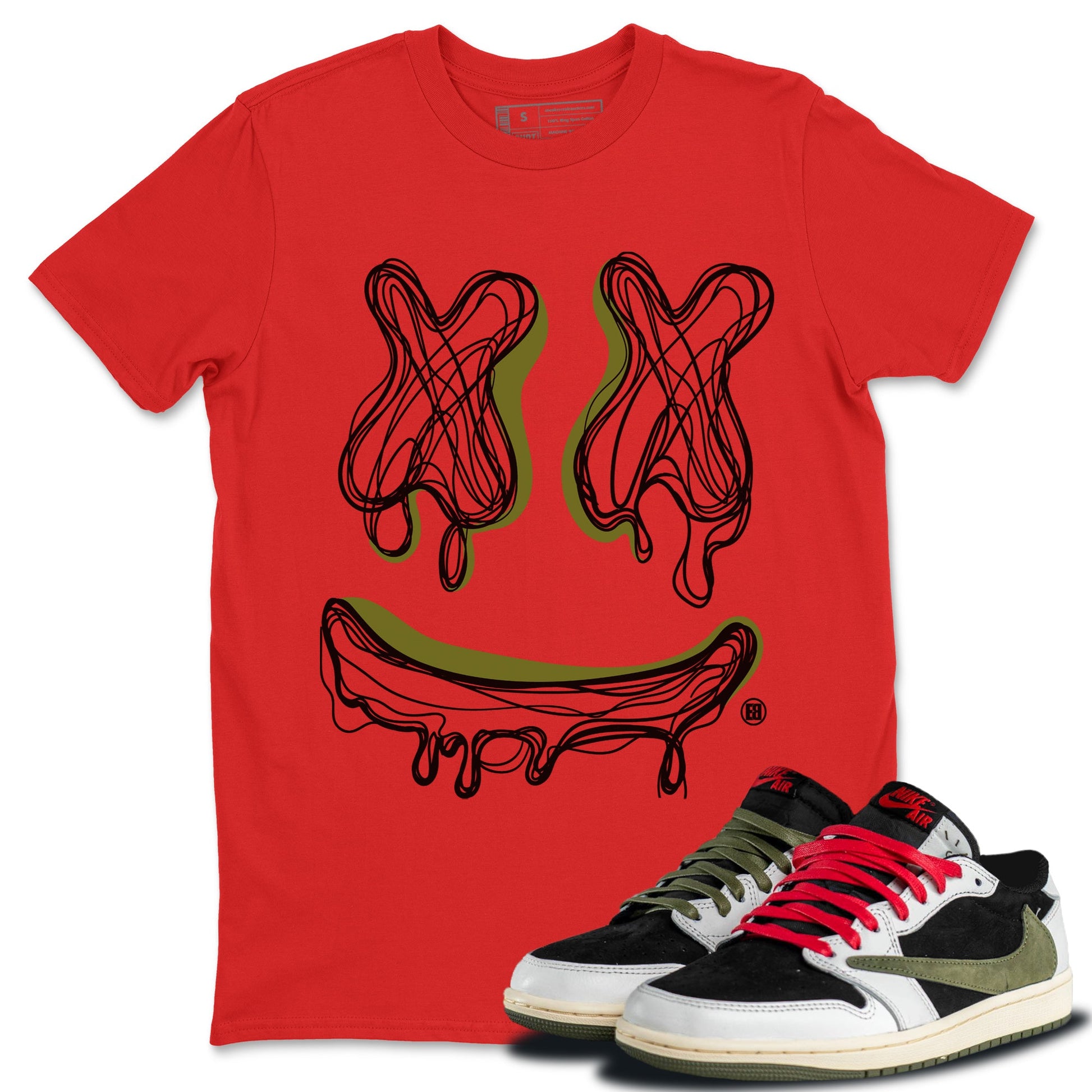 Air Jordan 1 Travis Scott Olive shirt to match jordans Smile Doodle sneaker tees Air Jordan 1 Travis Scott Olive SNRT Sneaker Release Tees unisex cotton Red 1 crew neck shirt