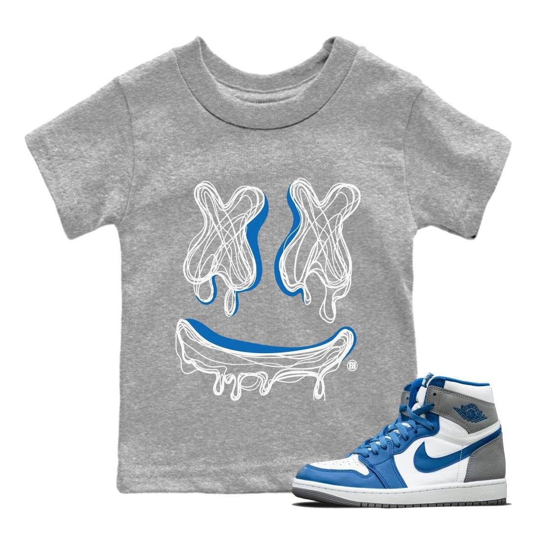 Air Jordan 1 True Blue shirt to match jordans Smile Doodle sneaker tees Air Jordan 1 True Blue SNRT sneaker release tees baby toddler Heather Grey 1 cotton Shirt